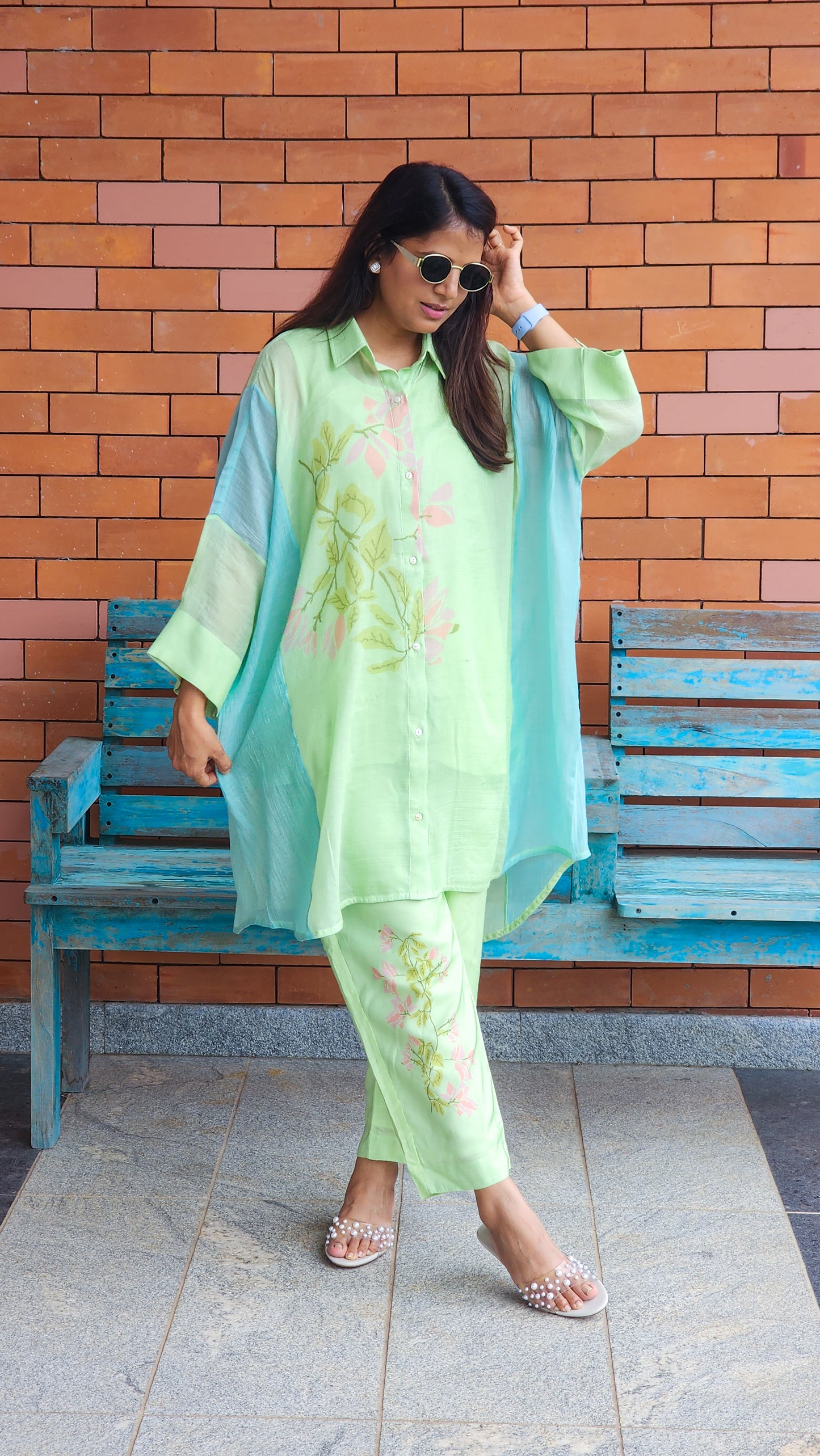 Green Floral Mul Chanderi Kaftan Set