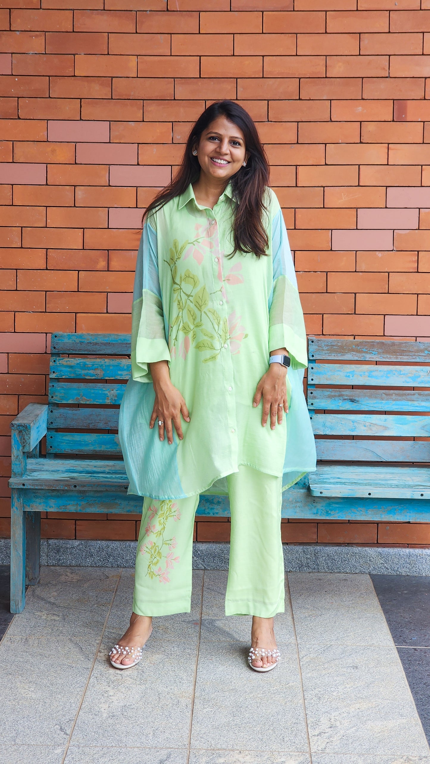 Green Floral Mul Chanderi Kaftan Set