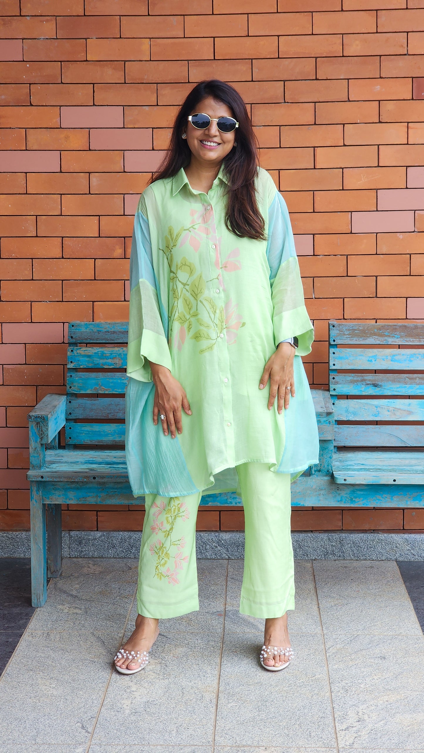 Green Floral Mul Chanderi Kaftan Set
