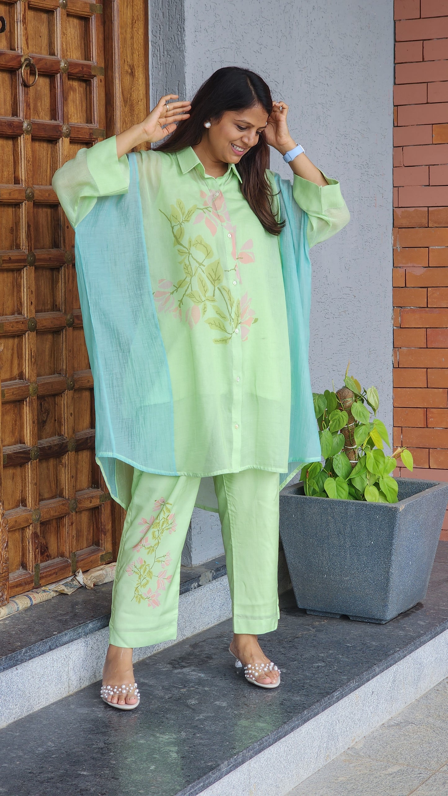 Green Floral Mul Chanderi Kaftan Set
