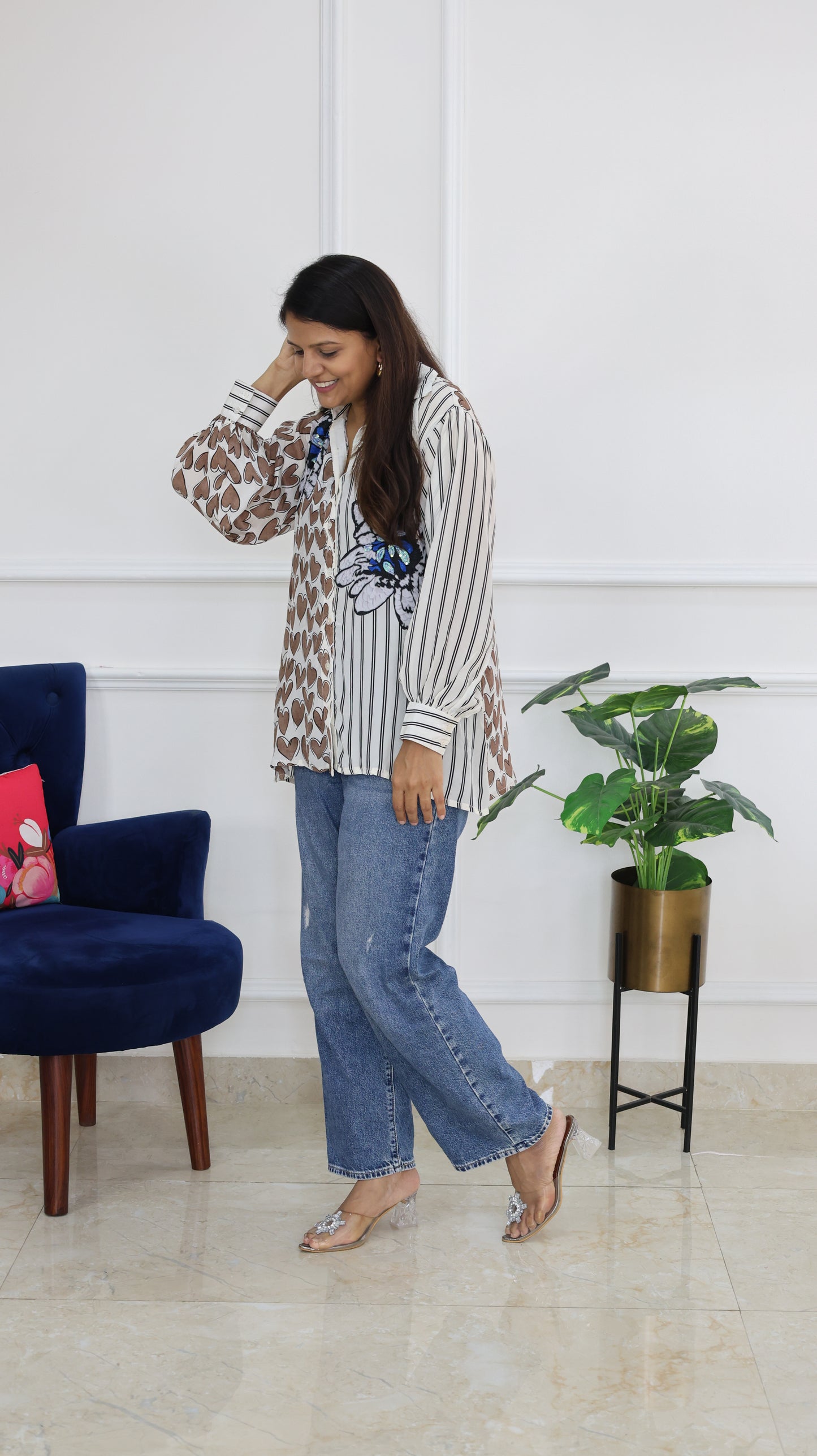 Stripe Heart Crepe Shirt