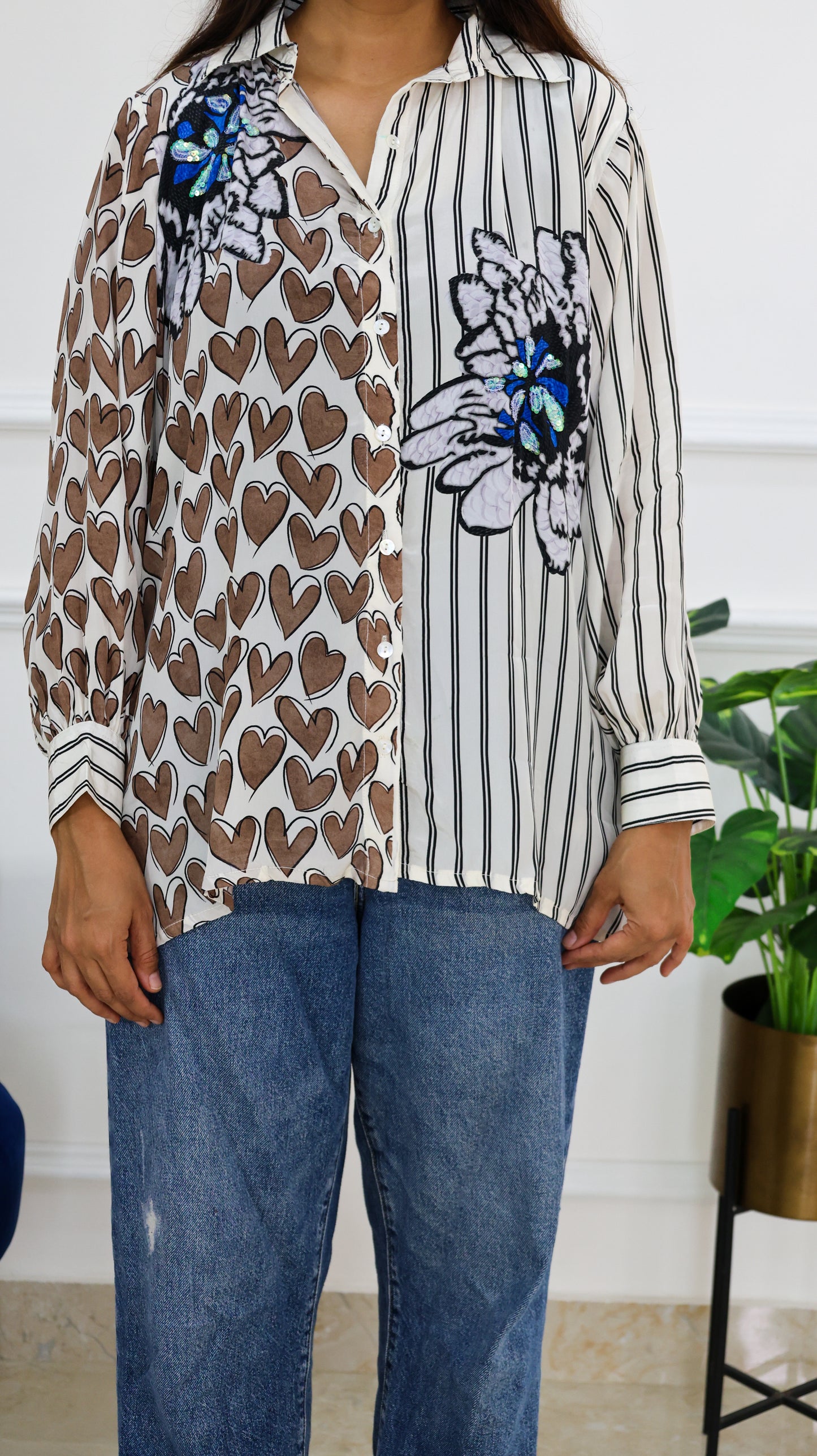 Stripe Heart Crepe Shirt