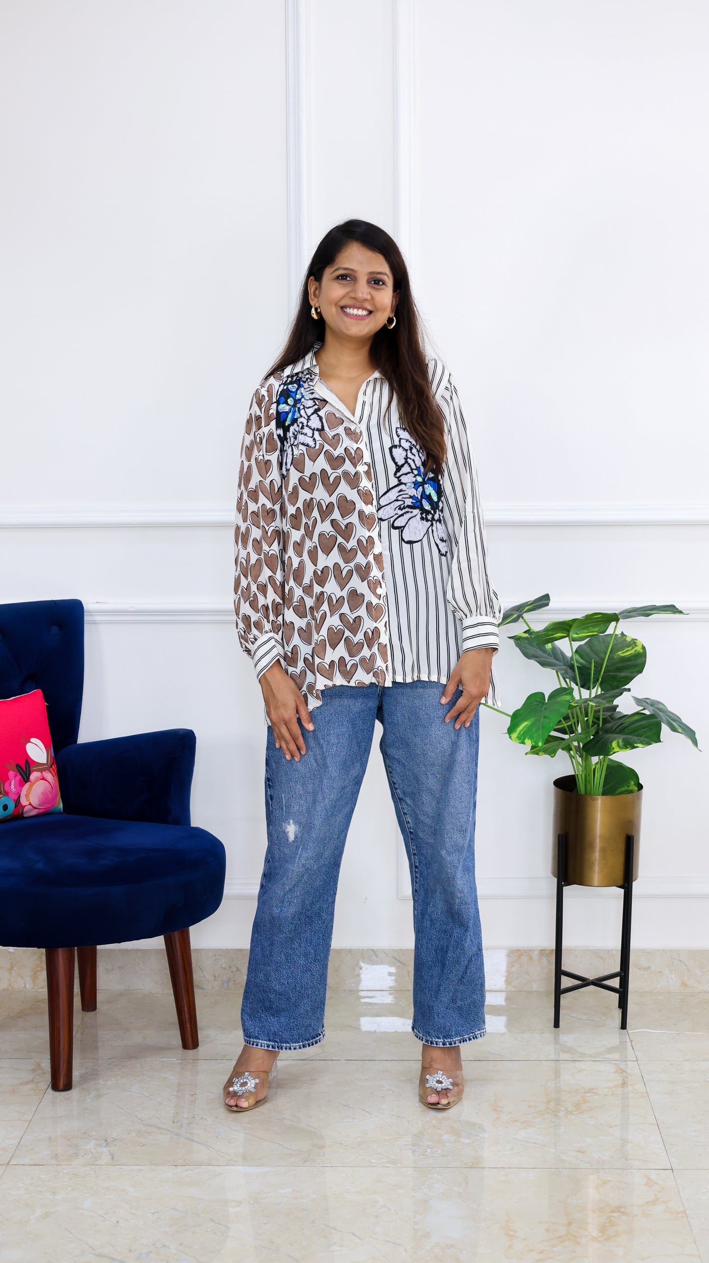 Stripe Heart Crepe Shirt