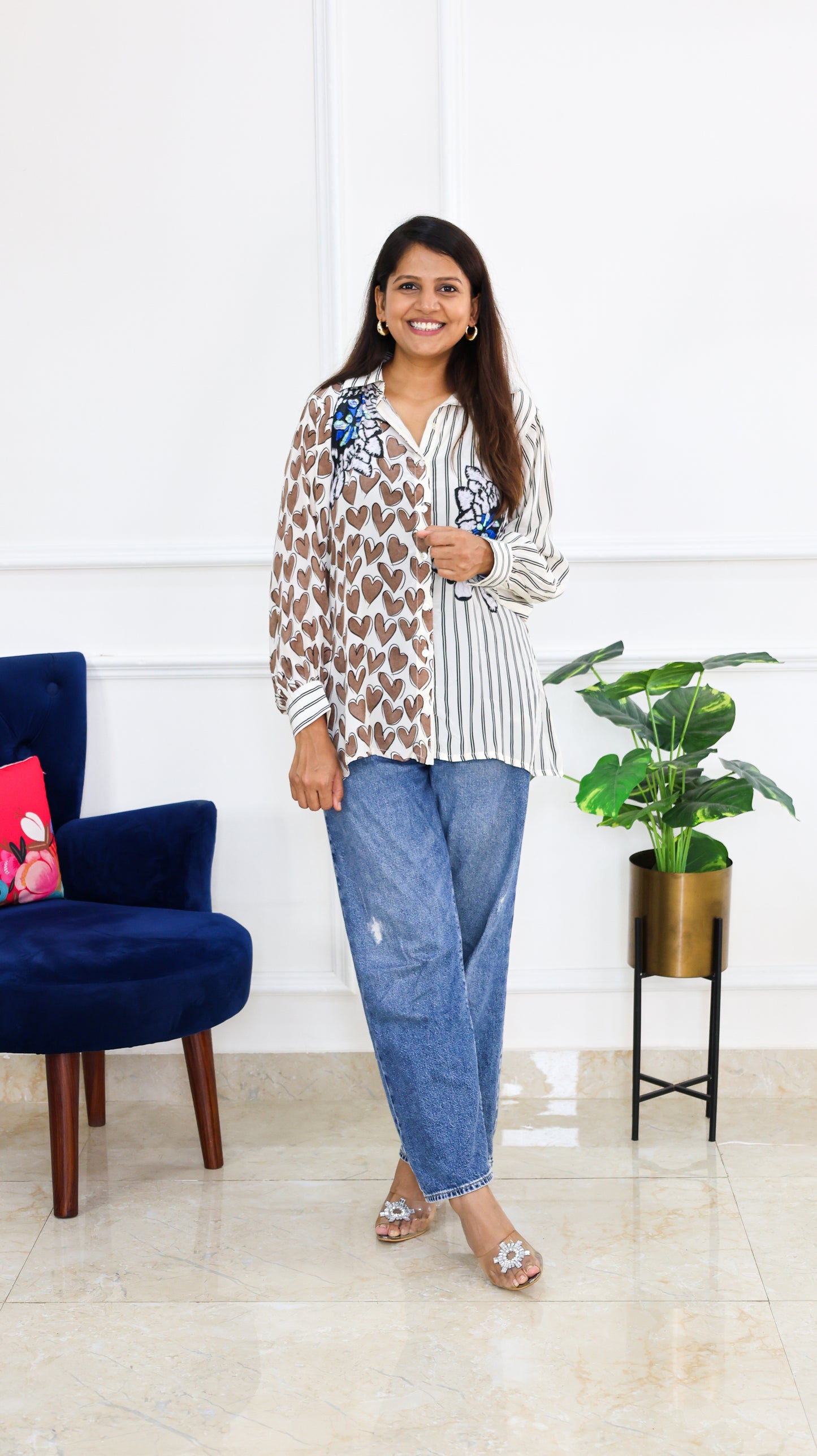 Stripe Heart Crepe Shirt