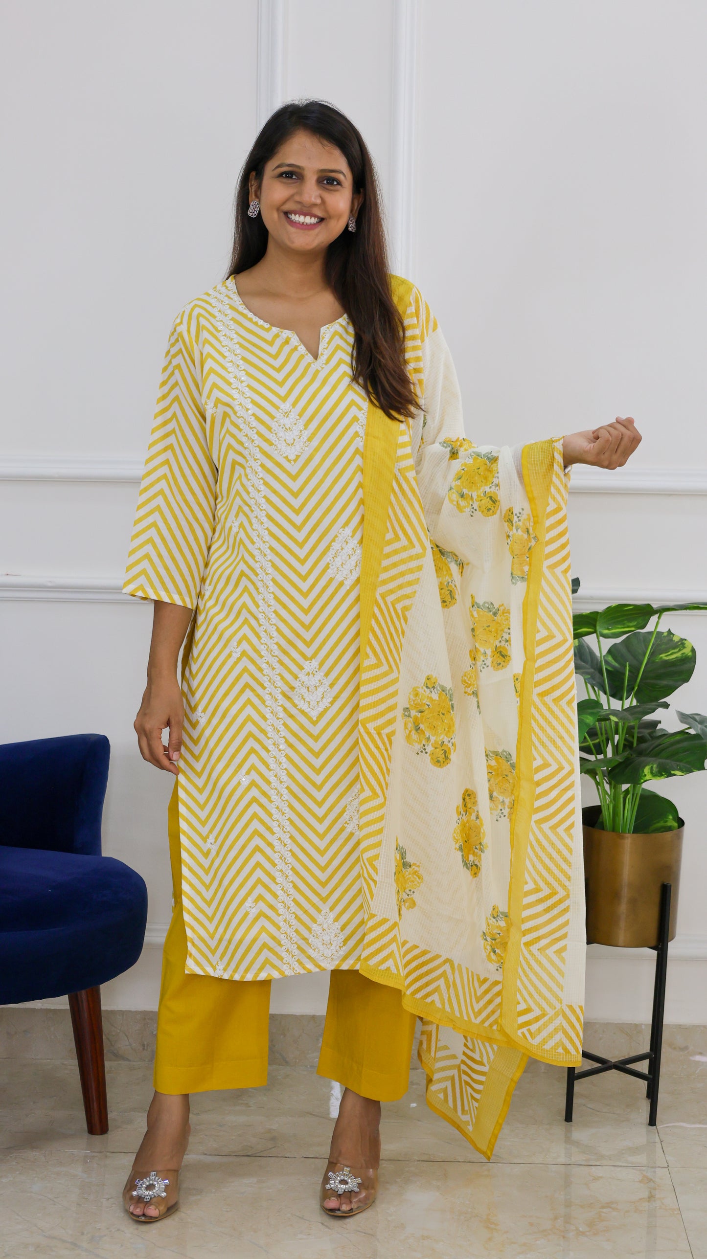 Yellow Embroidered Leheriya Kurta Set with Block Doriya Dupatta