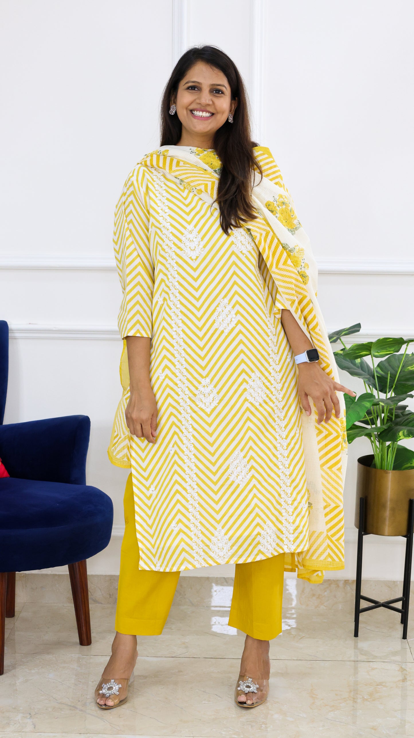 Yellow Embroidered Leheriya Kurta Set with Block Doriya Dupatta