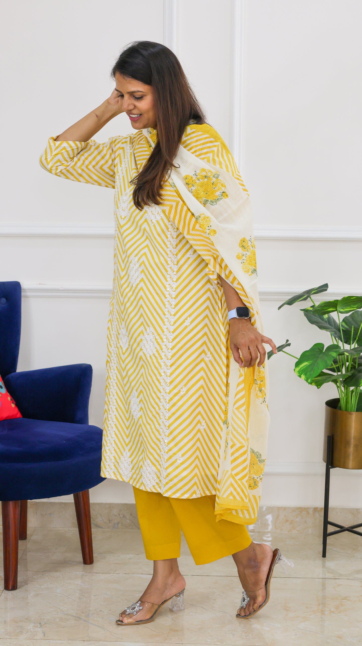 Yellow Embroidered Leheriya Kurta Set with Block Doriya Dupatta
