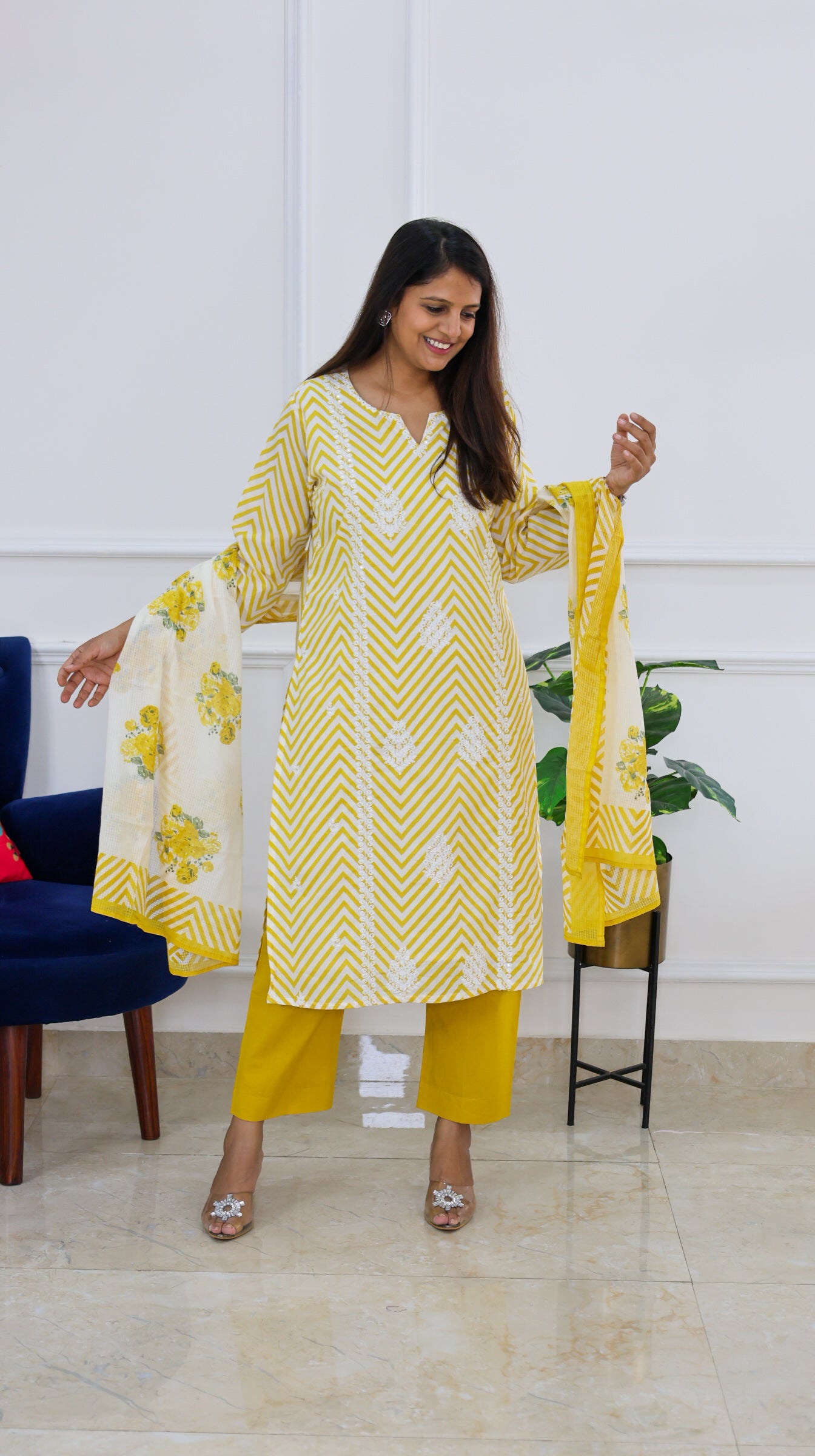 Yellow Embroidered Leheriya Kurta Set with Block Doriya Dupatta