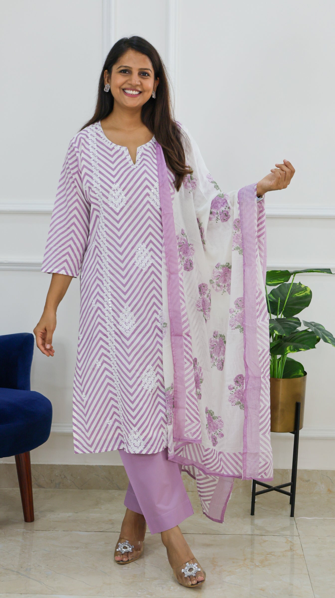 Lilac Embroidered Leheriya Kurta Set with Block Doriya Dupatta