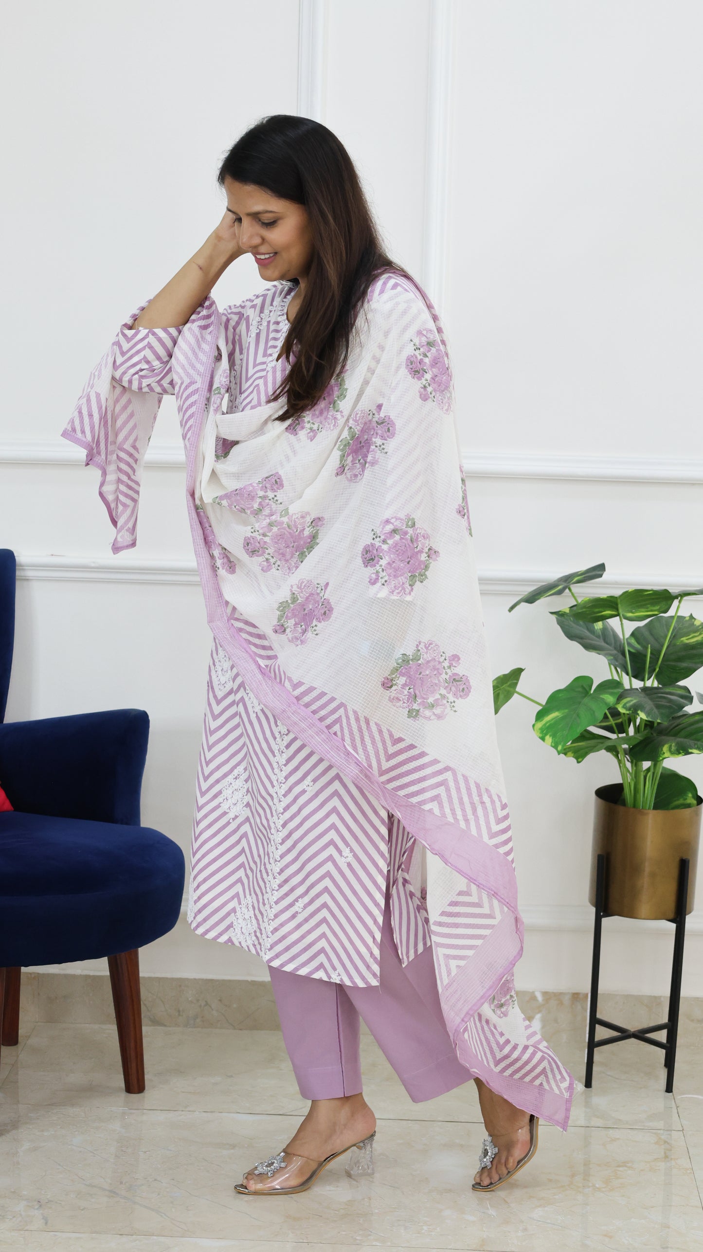 Lilac Embroidered Leheriya Kurta Set with Block Doriya Dupatta
