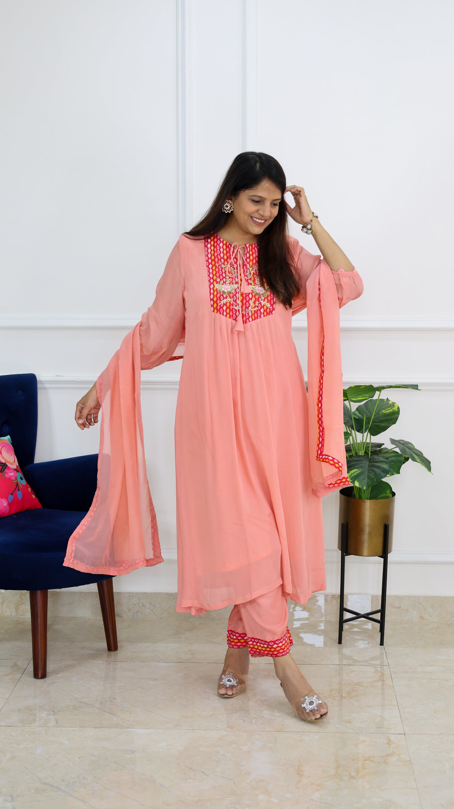 Peach Chinnon Suit Set