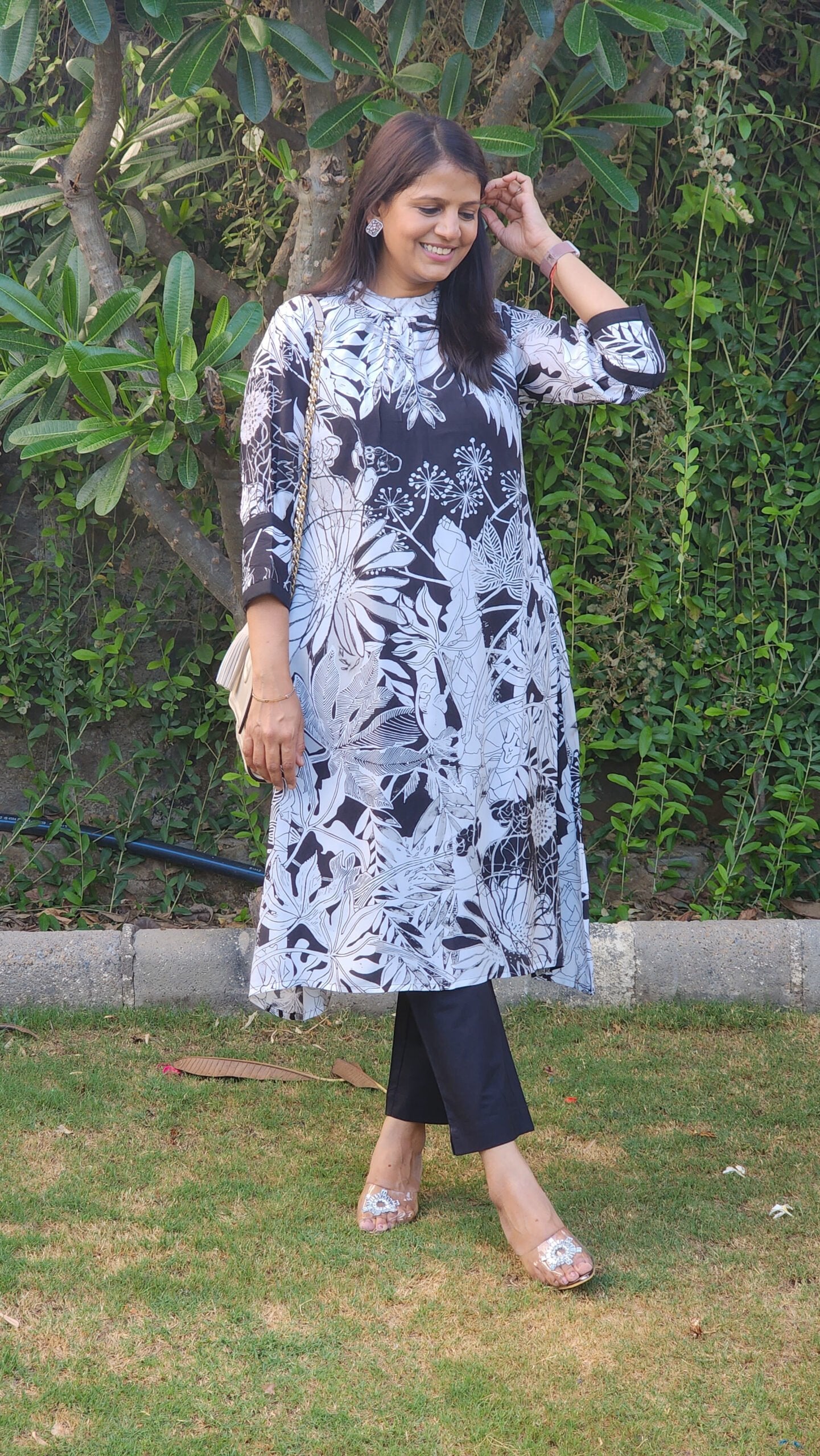 Black and White Printed Tunic and Pants Set