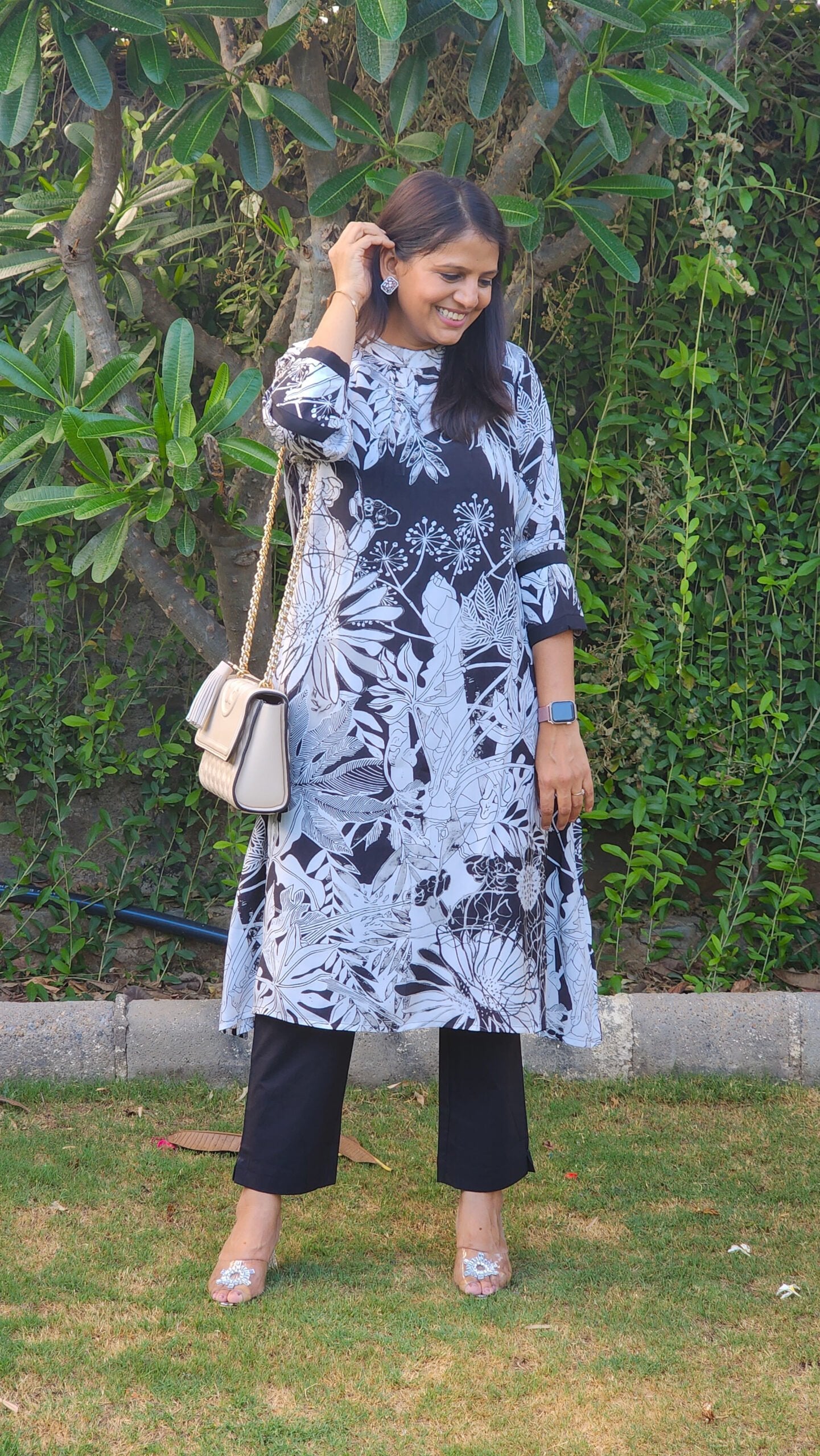 Black and White Printed Tunic and Pants Set