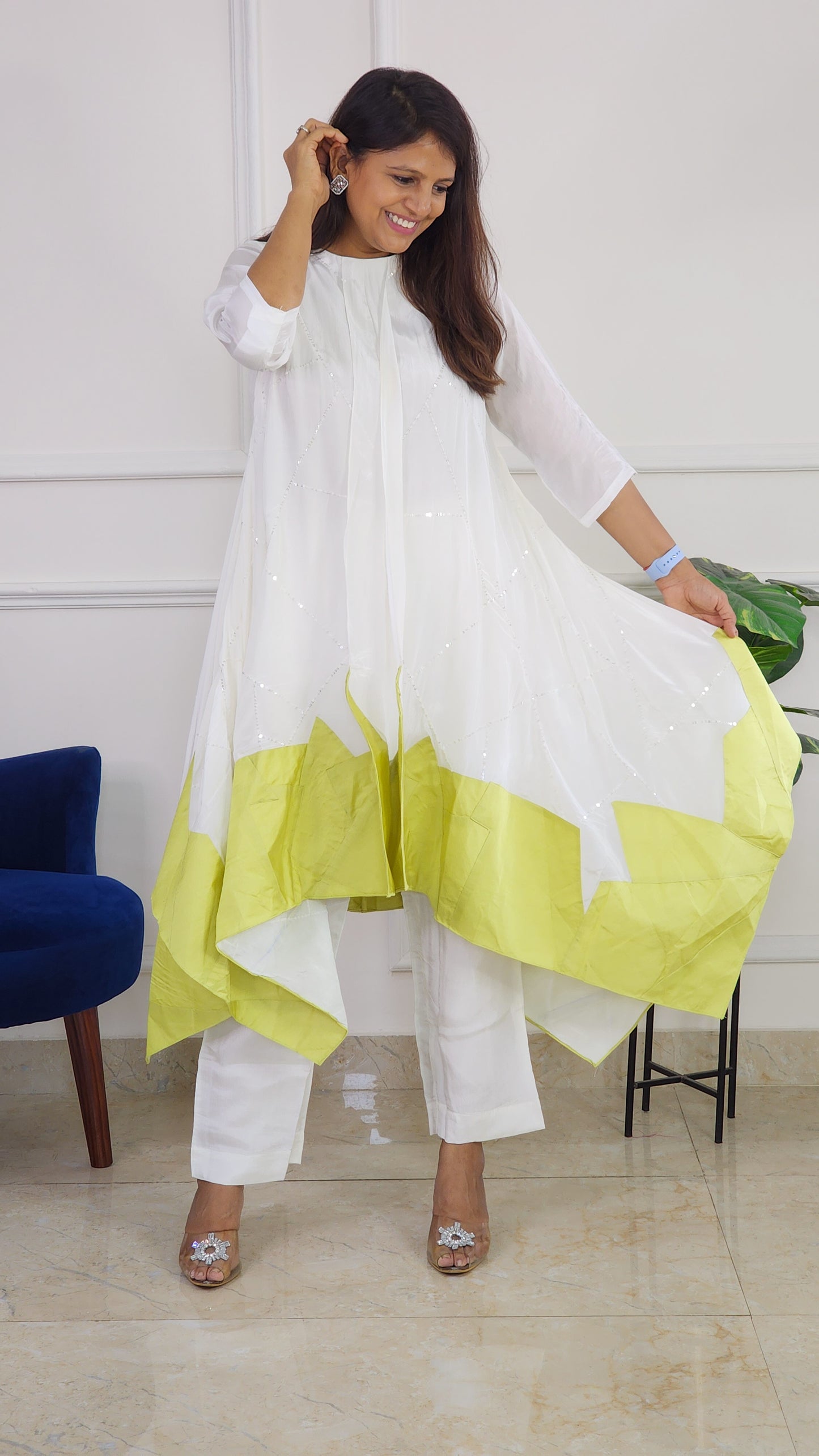 Green and White Indowestern Set