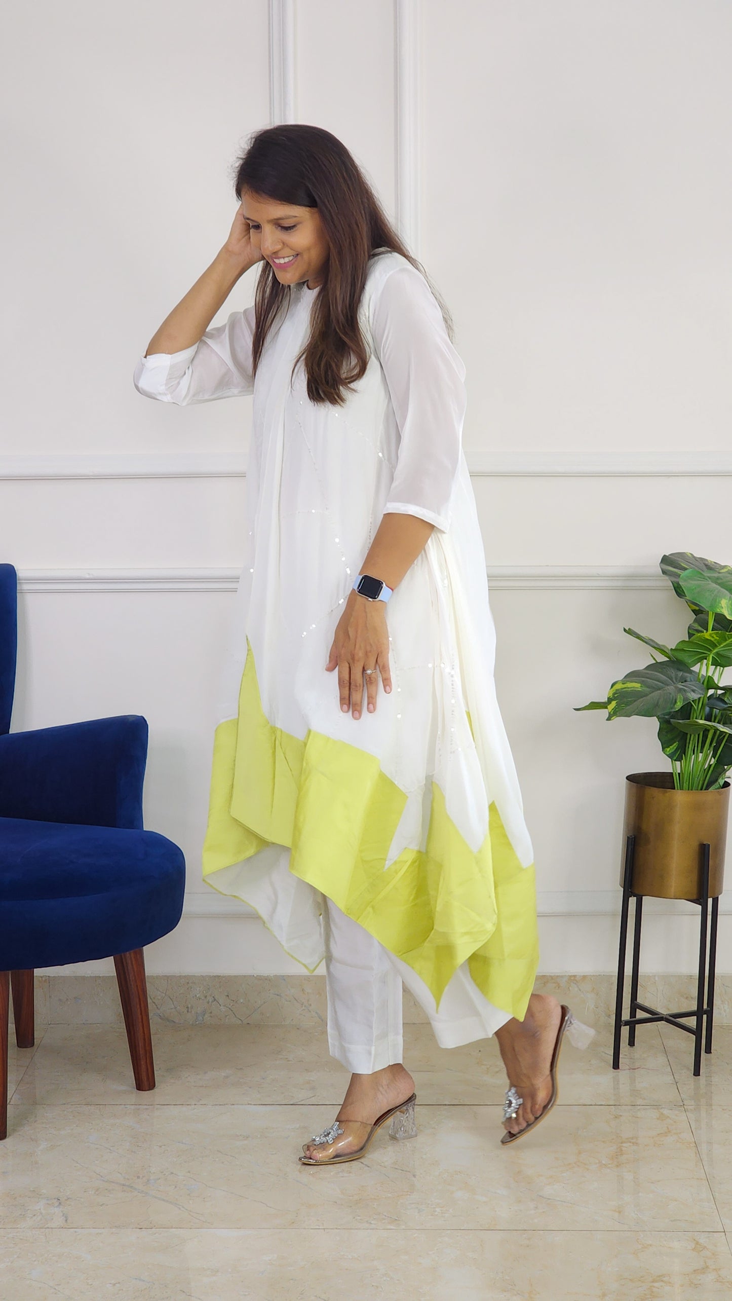 Green and White Indowestern Set