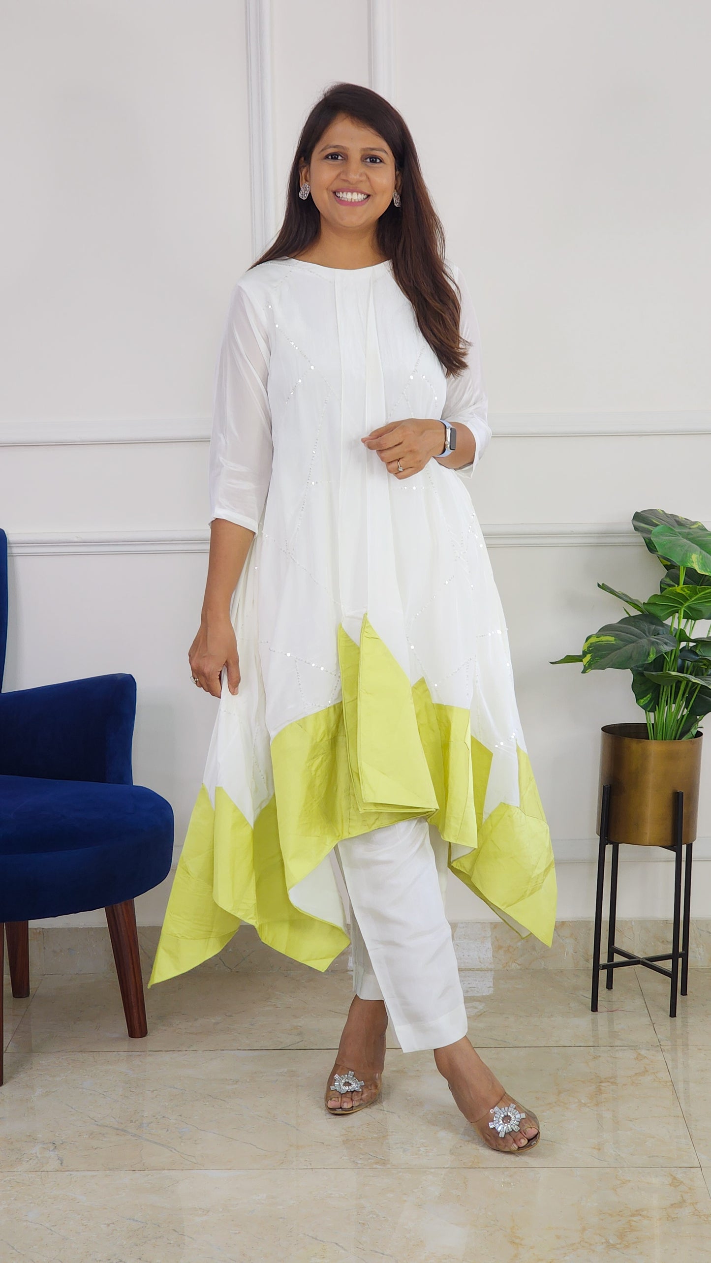 Green and White Indowestern Set