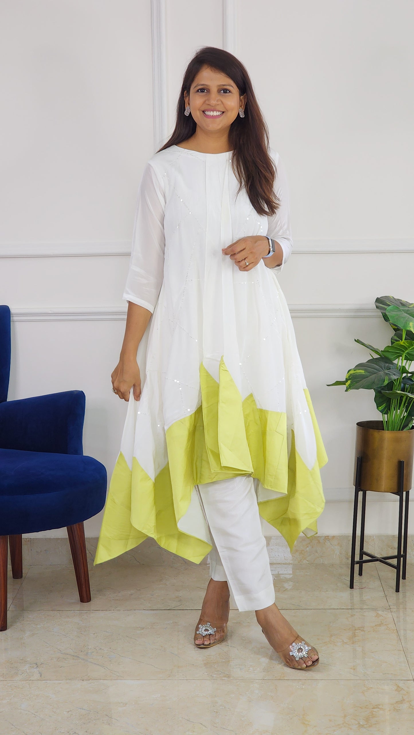 Green and White Indowestern Set