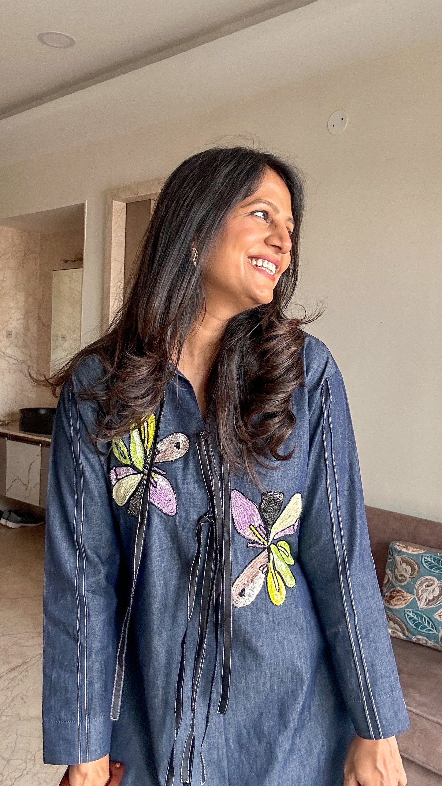 Floral Detail Denim Tunic