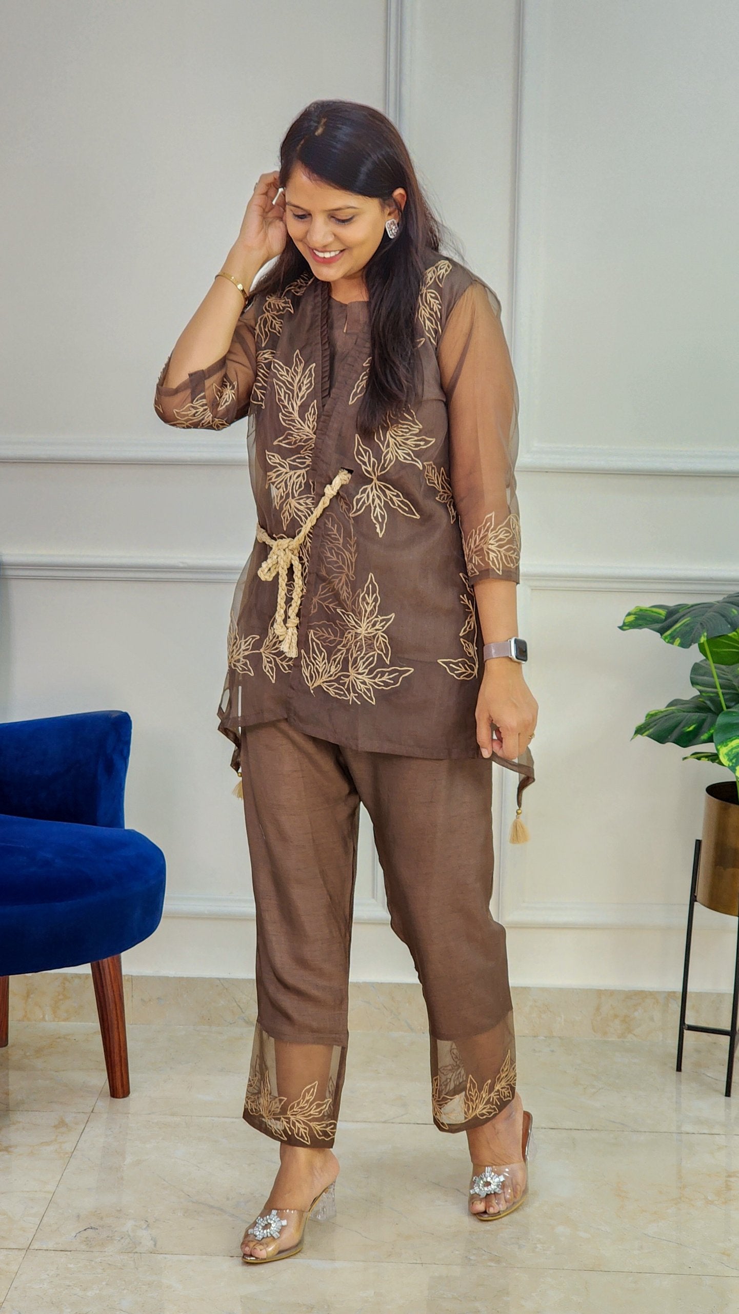 Brown Organza Jacket Set with Rope Detailing