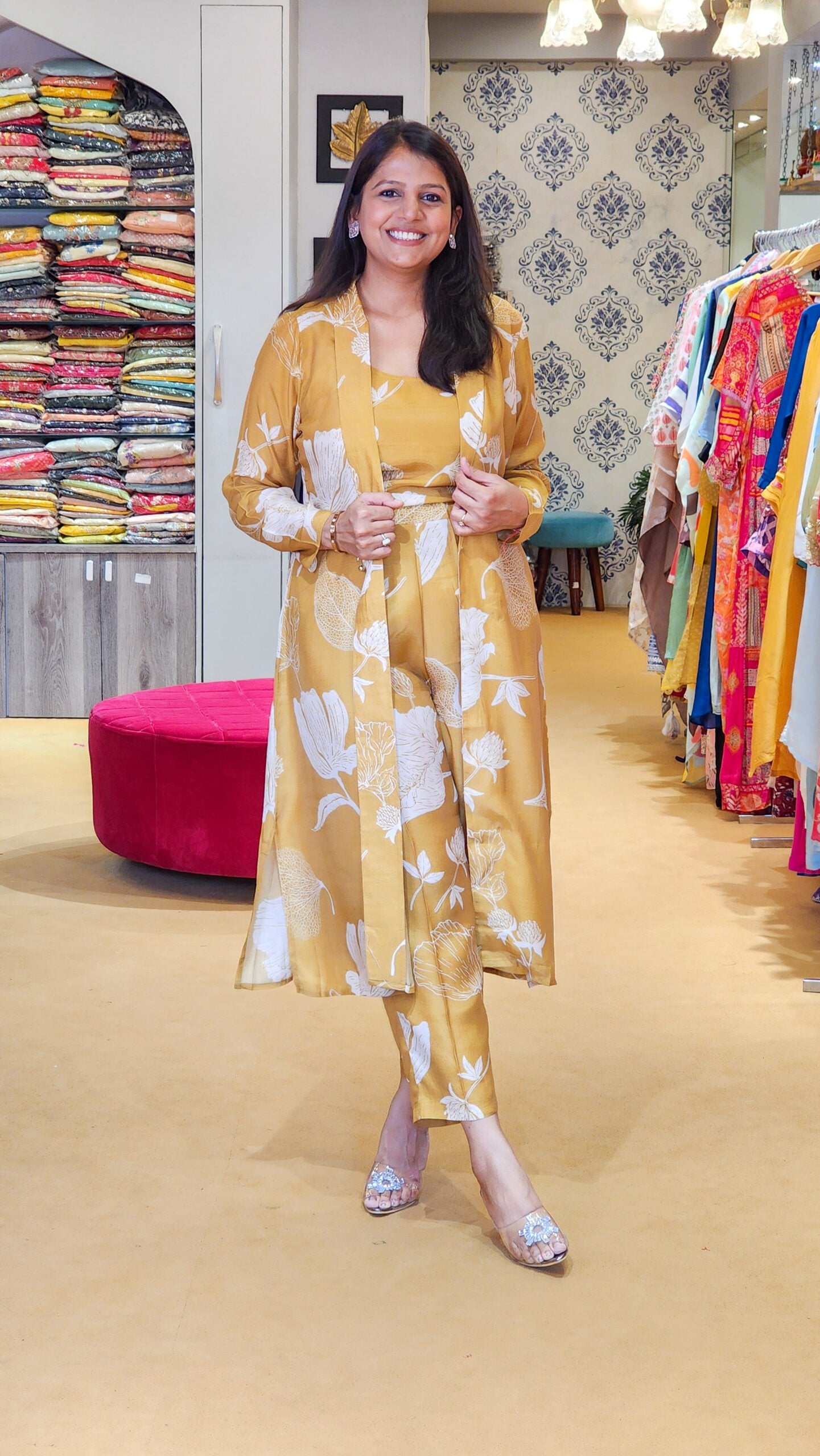 Yellow Floral Top Pants and Jacket Set