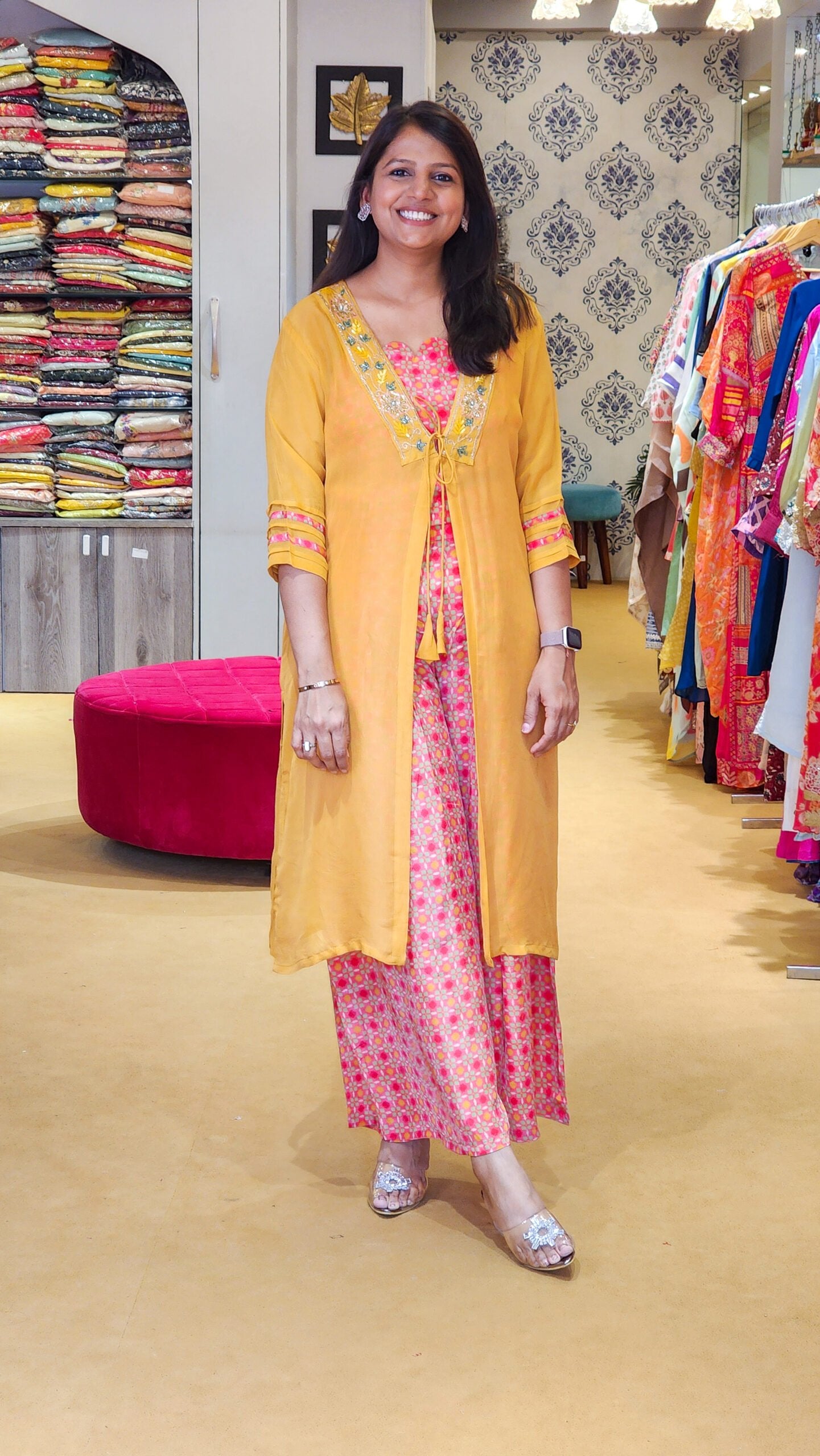 Mustard Colored Jacket, Printed Top and Pants