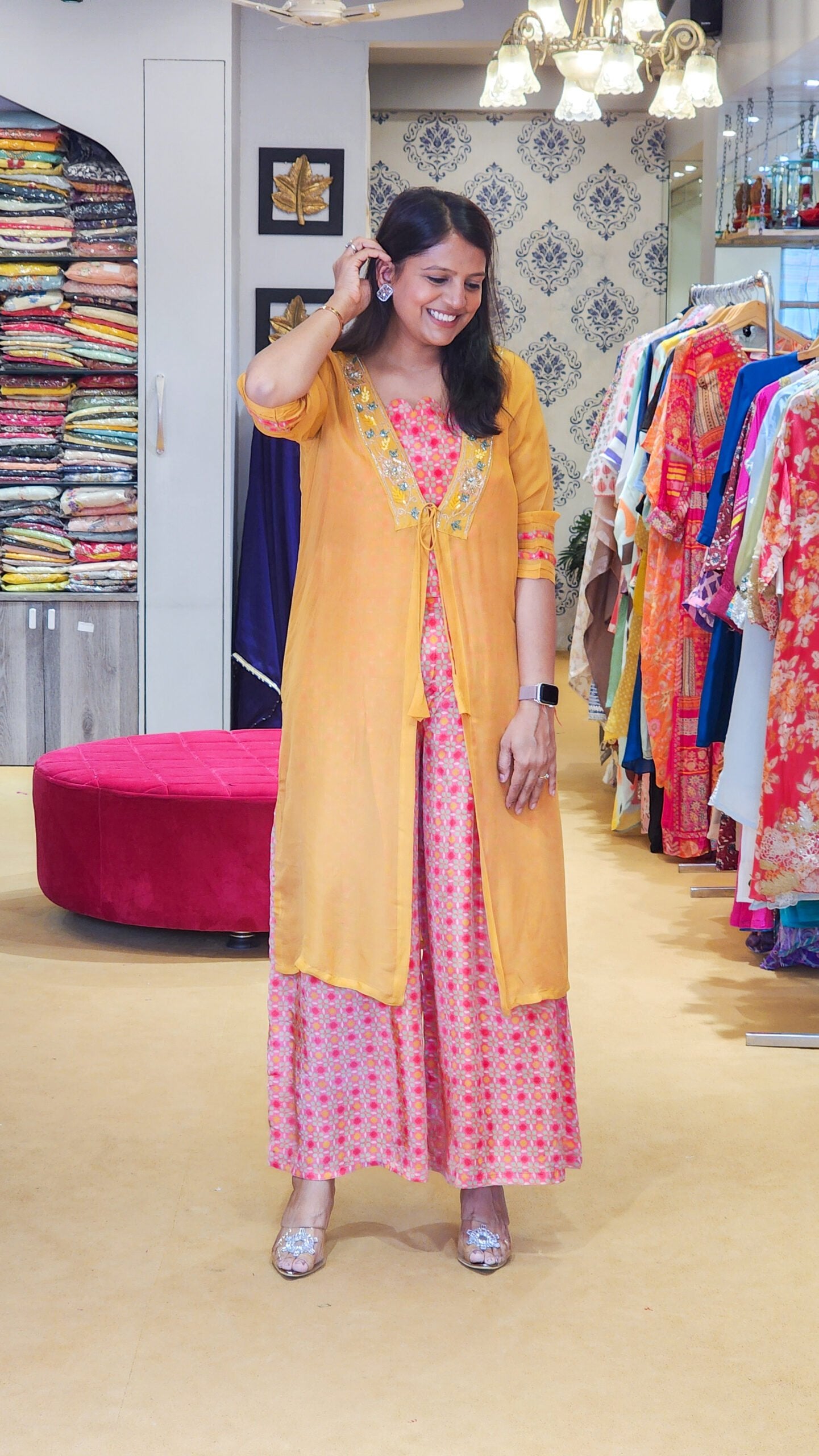 Mustard Colored Jacket, Printed Top and Pants