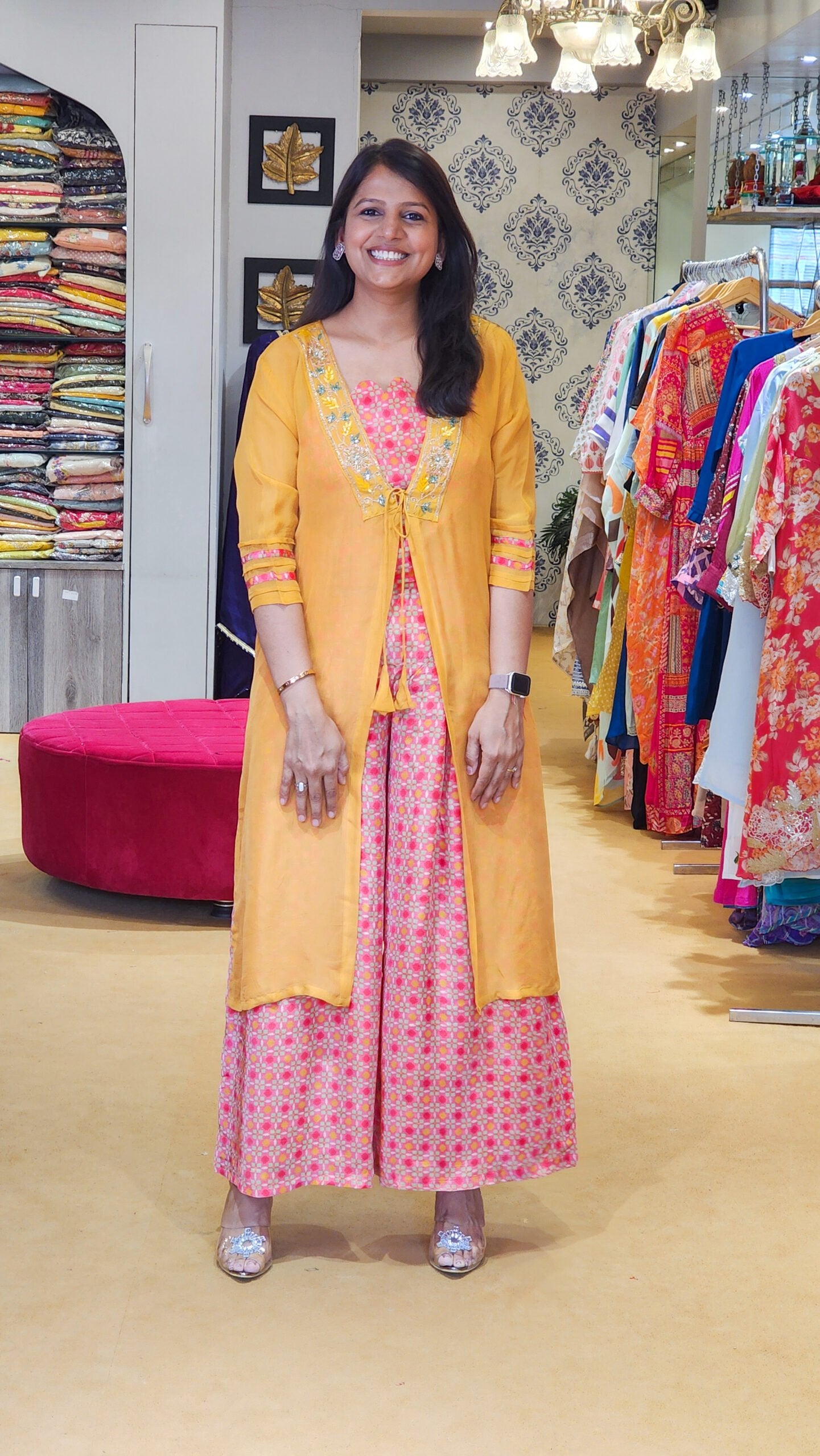 Mustard Colored Jacket, Printed Top and Pants