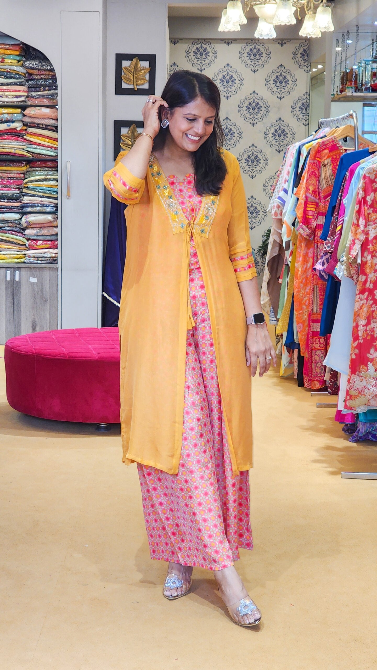 Mustard Colored Jacket, Printed Top and Pants