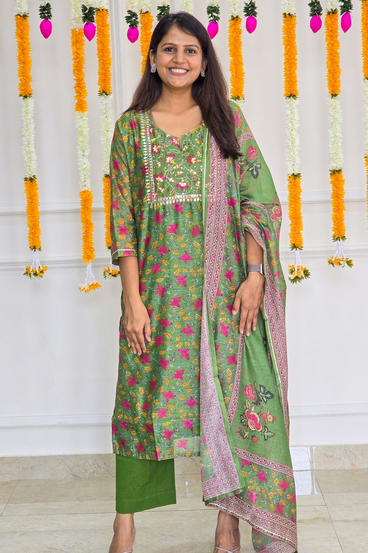 Green Kalamkari Chanderi suit set