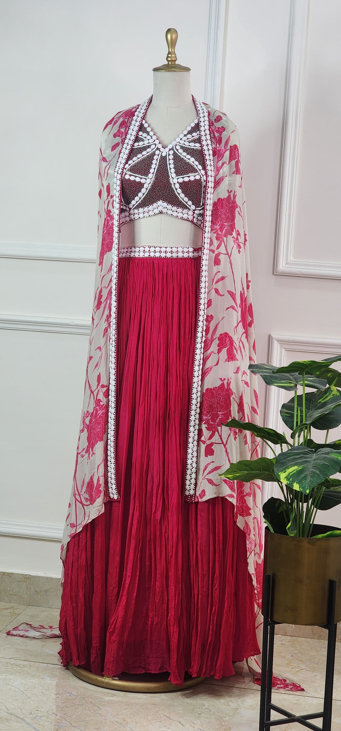 Pink Floral Dupatta, Top and Skirt