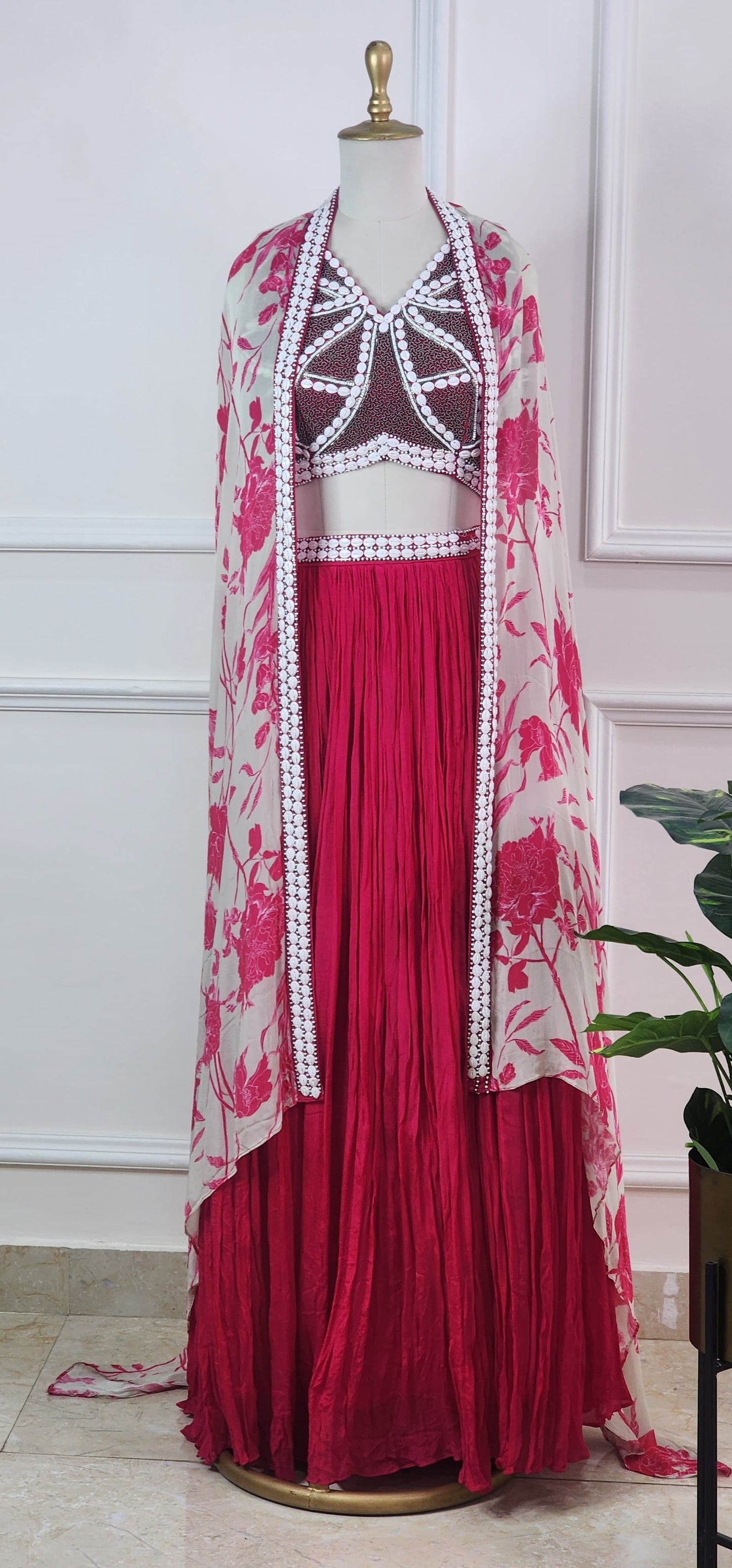 Pink Floral Dupatta, Top and Skirt