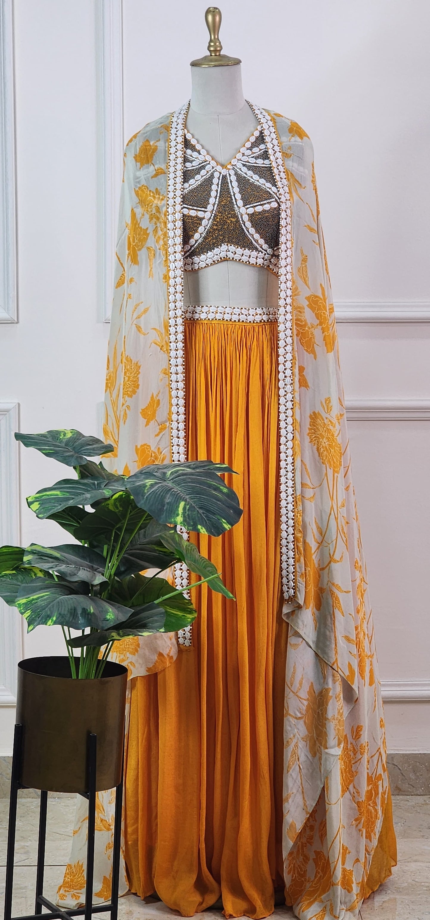 Yellow Floral Dupatta, Top and Skirt
