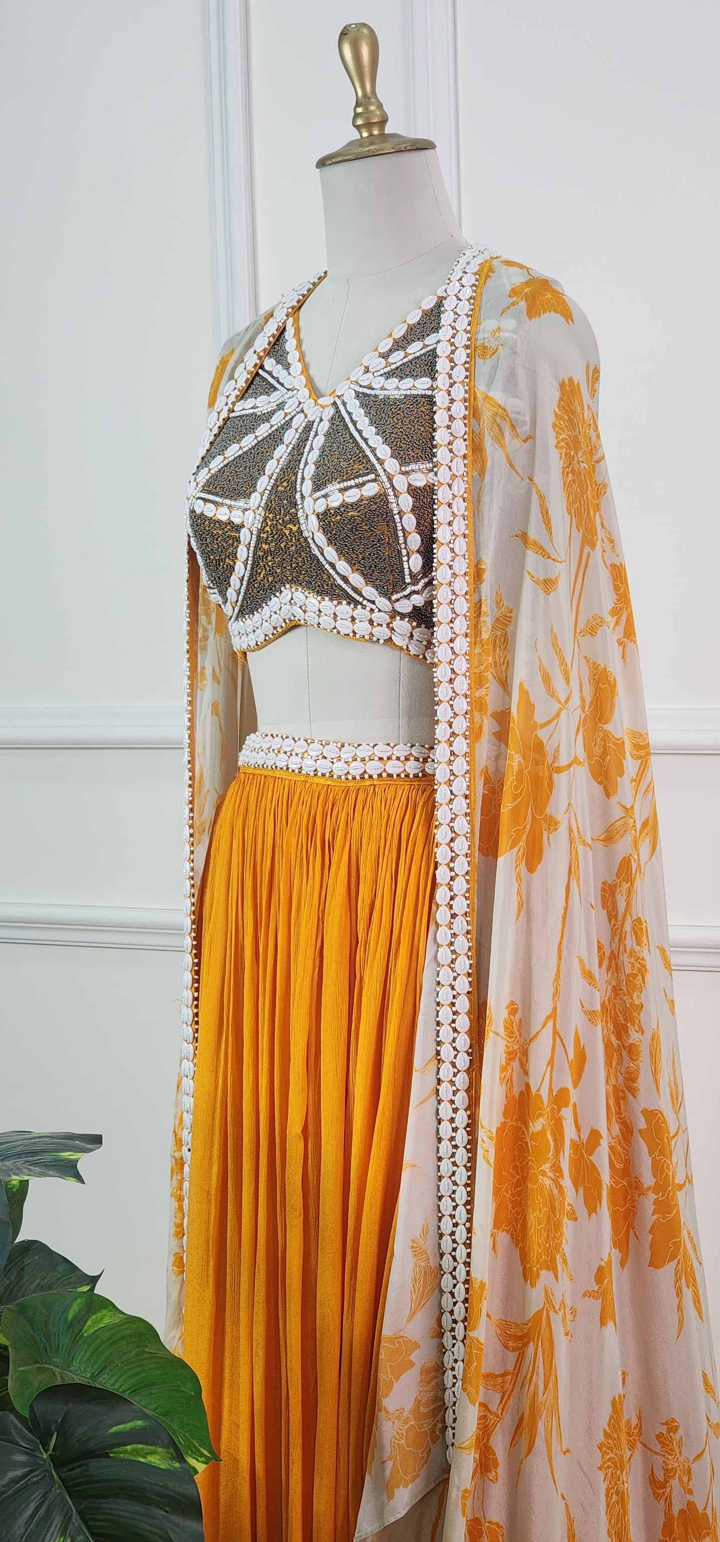 Yellow Floral Dupatta, Top and Skirt