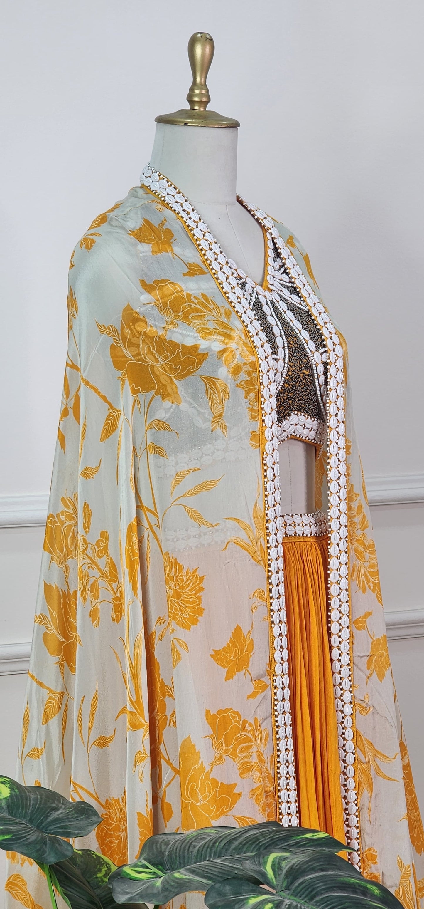 Yellow Floral Dupatta, Top and Skirt