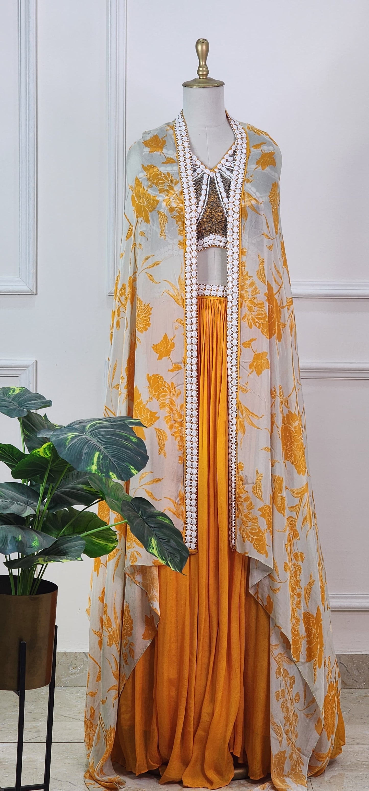 Yellow Floral Dupatta, Top and Skirt
