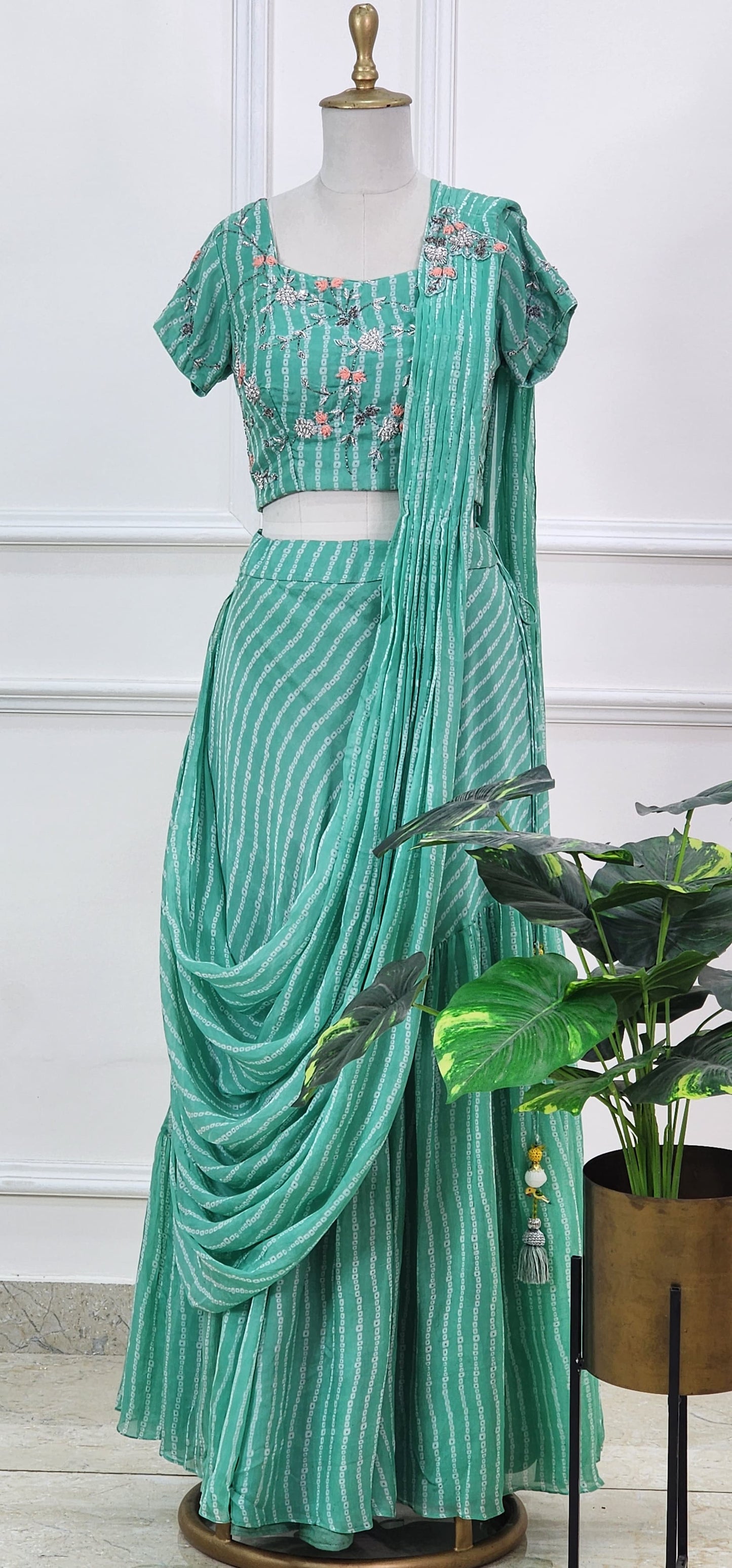 Green Bandhej Printed Lehenga Set