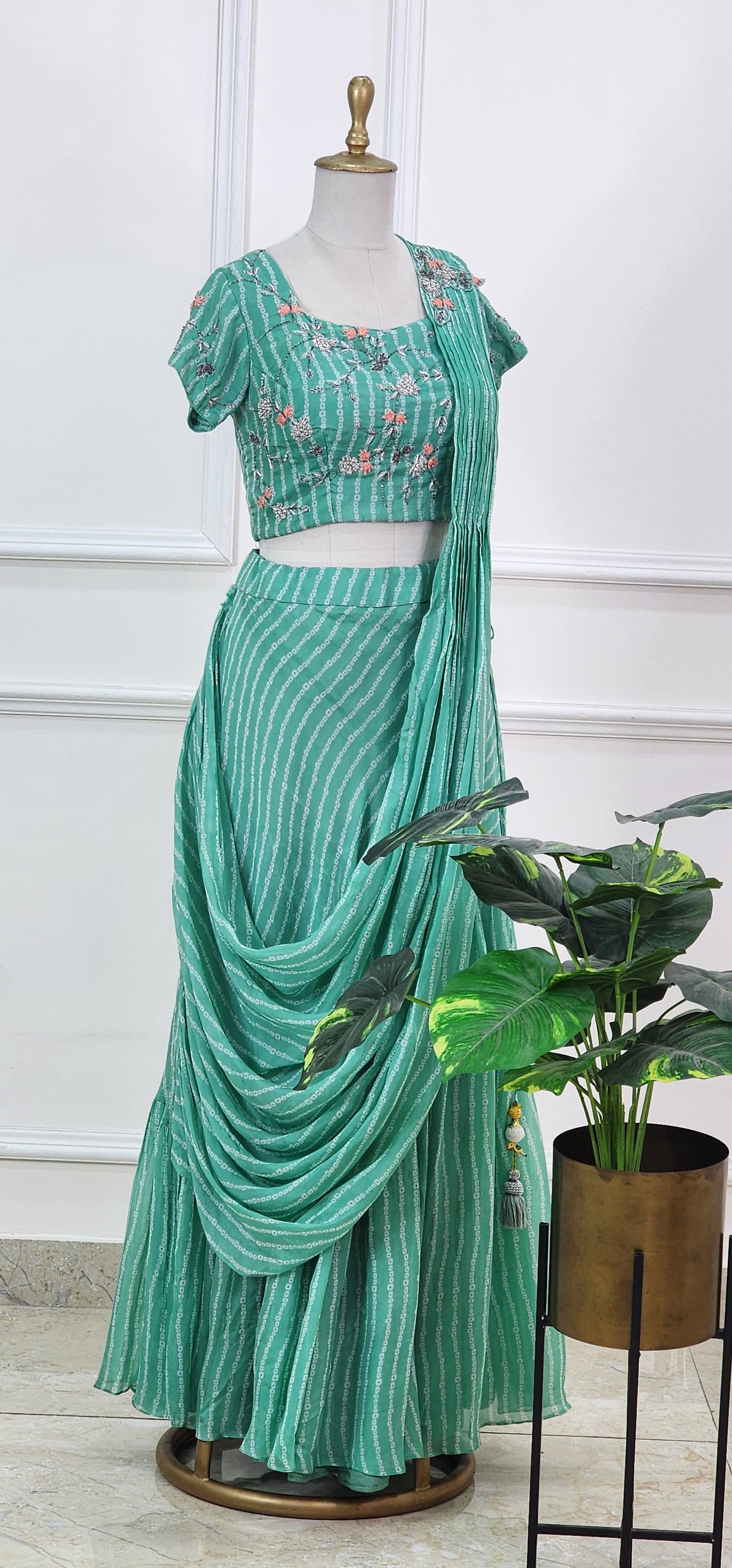 Green Bandhej Printed Lehenga Set