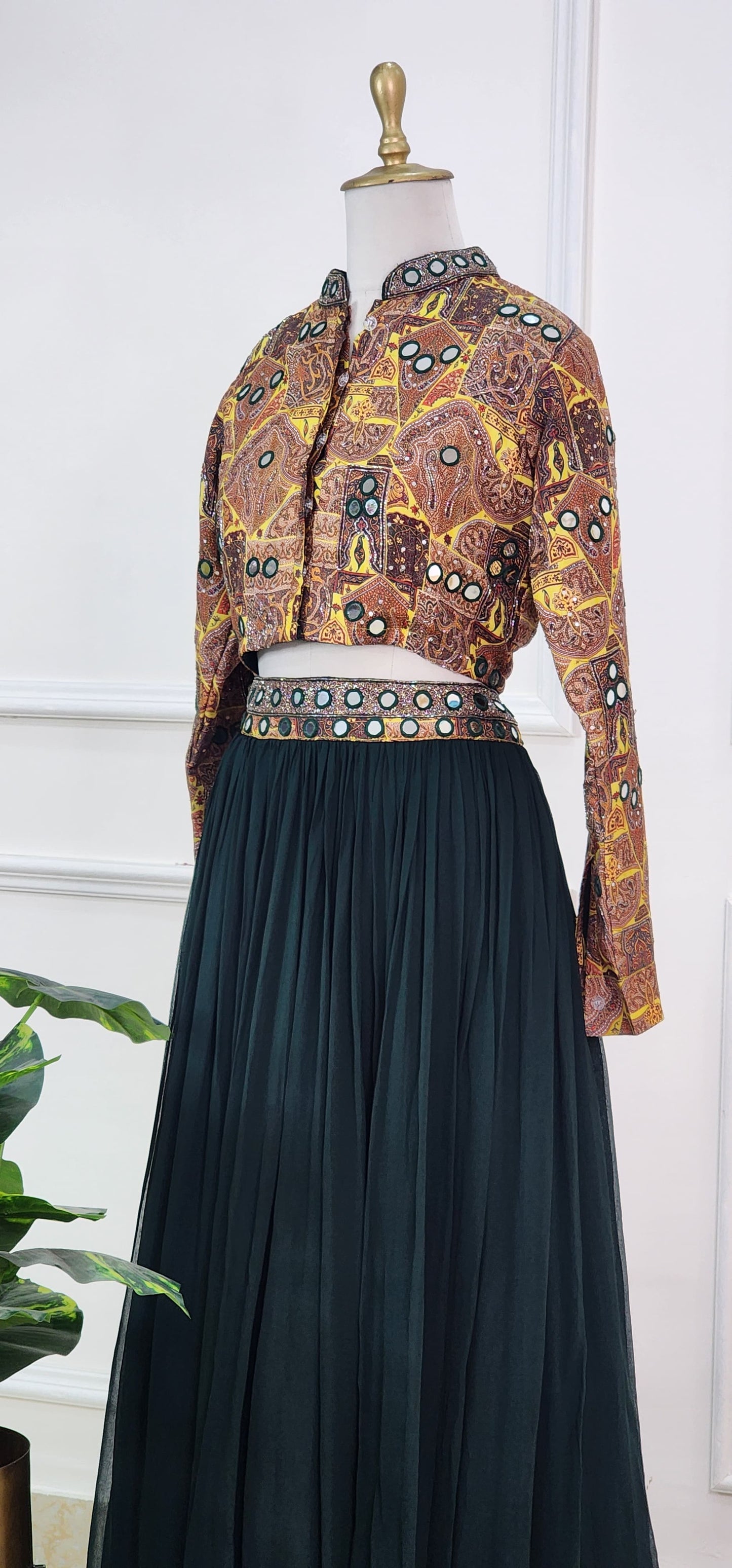 Green Ajrakh Mirror Crop Top and Lehenga
