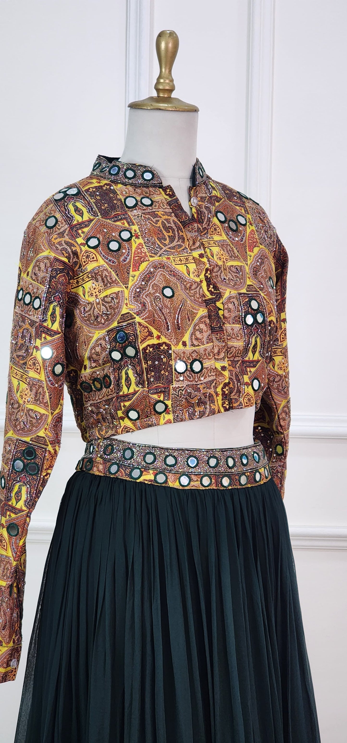 Green Ajrakh Mirror Crop Top and Lehenga