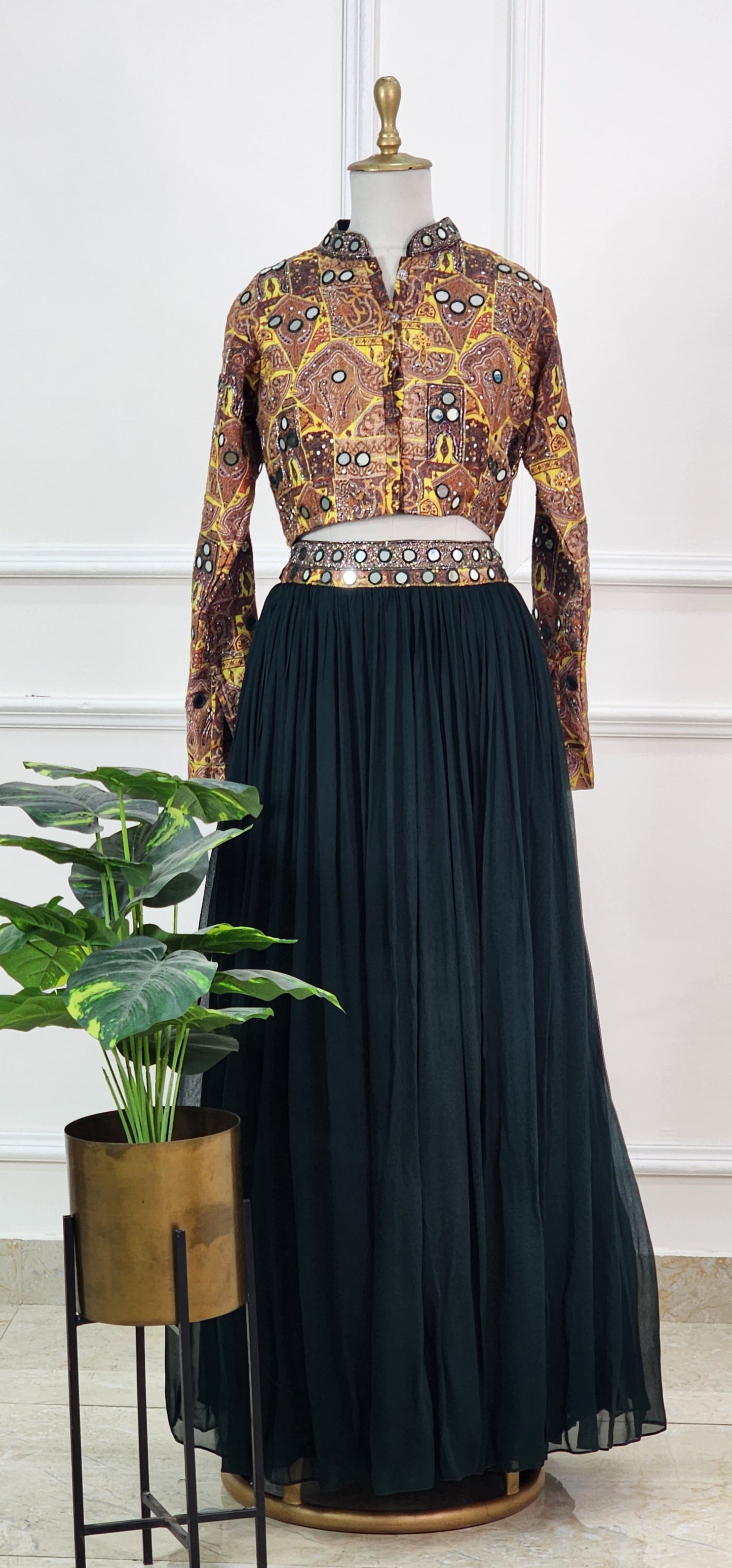 Green Ajrakh Mirror Crop Top and Lehenga