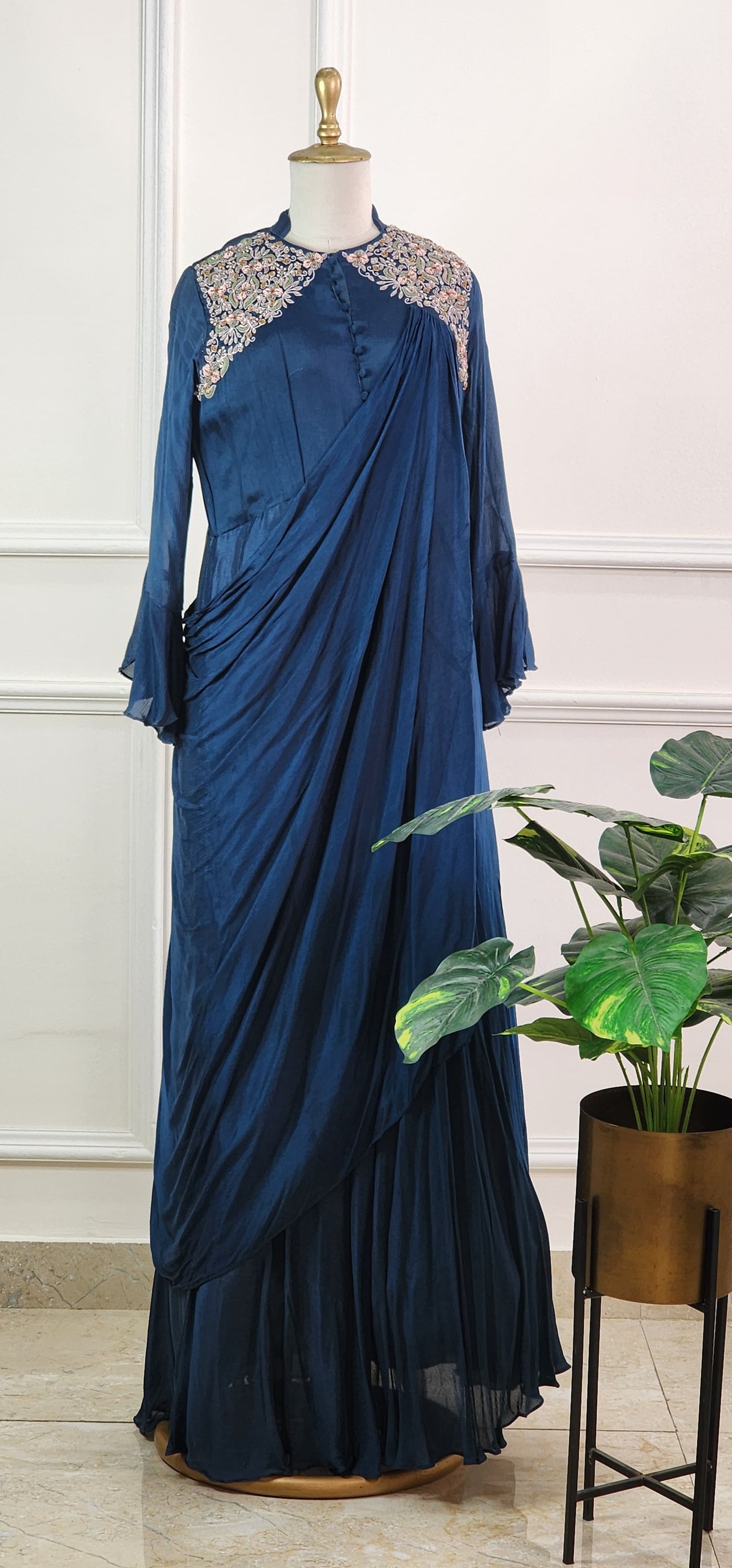 Teal Blue Gown with Attached Drape
