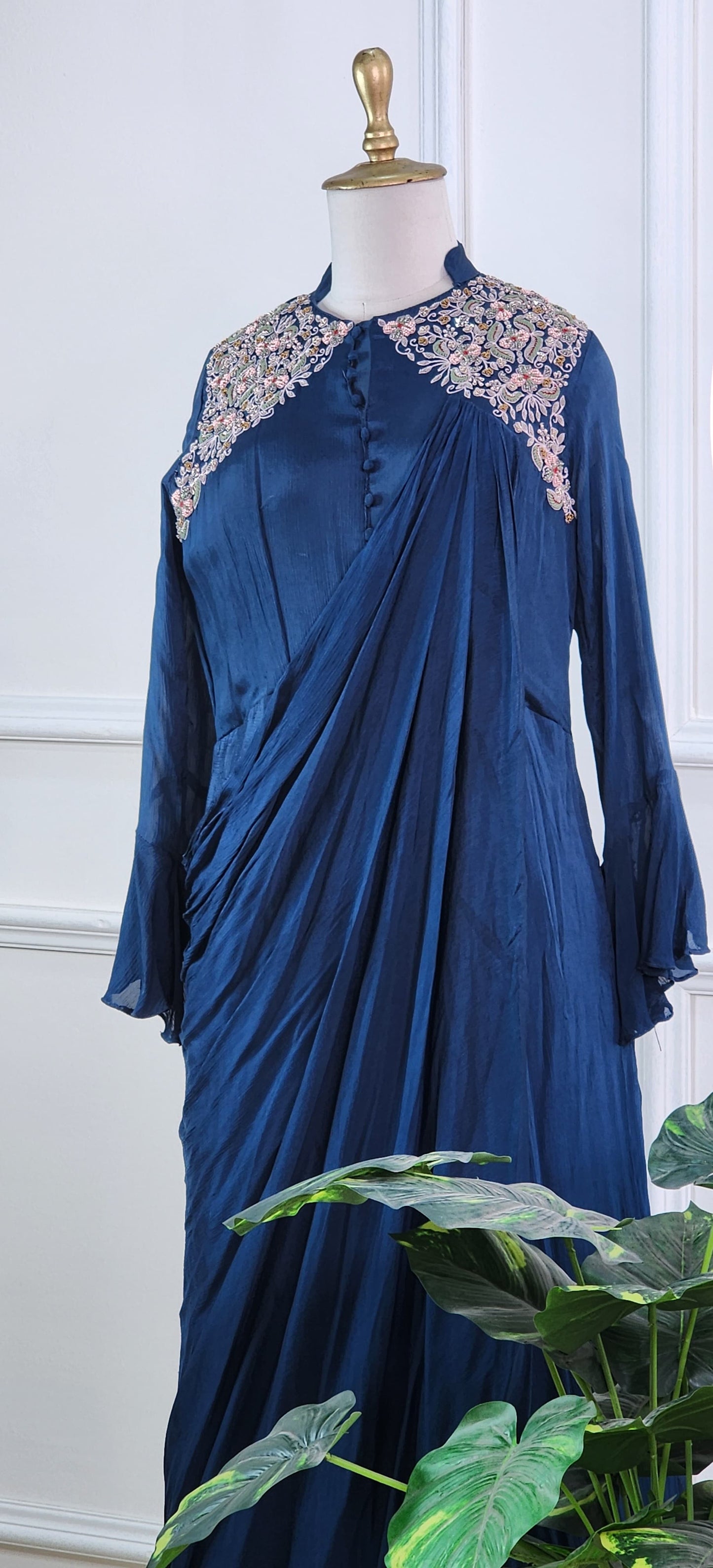 Teal Blue Gown with Attached Drape