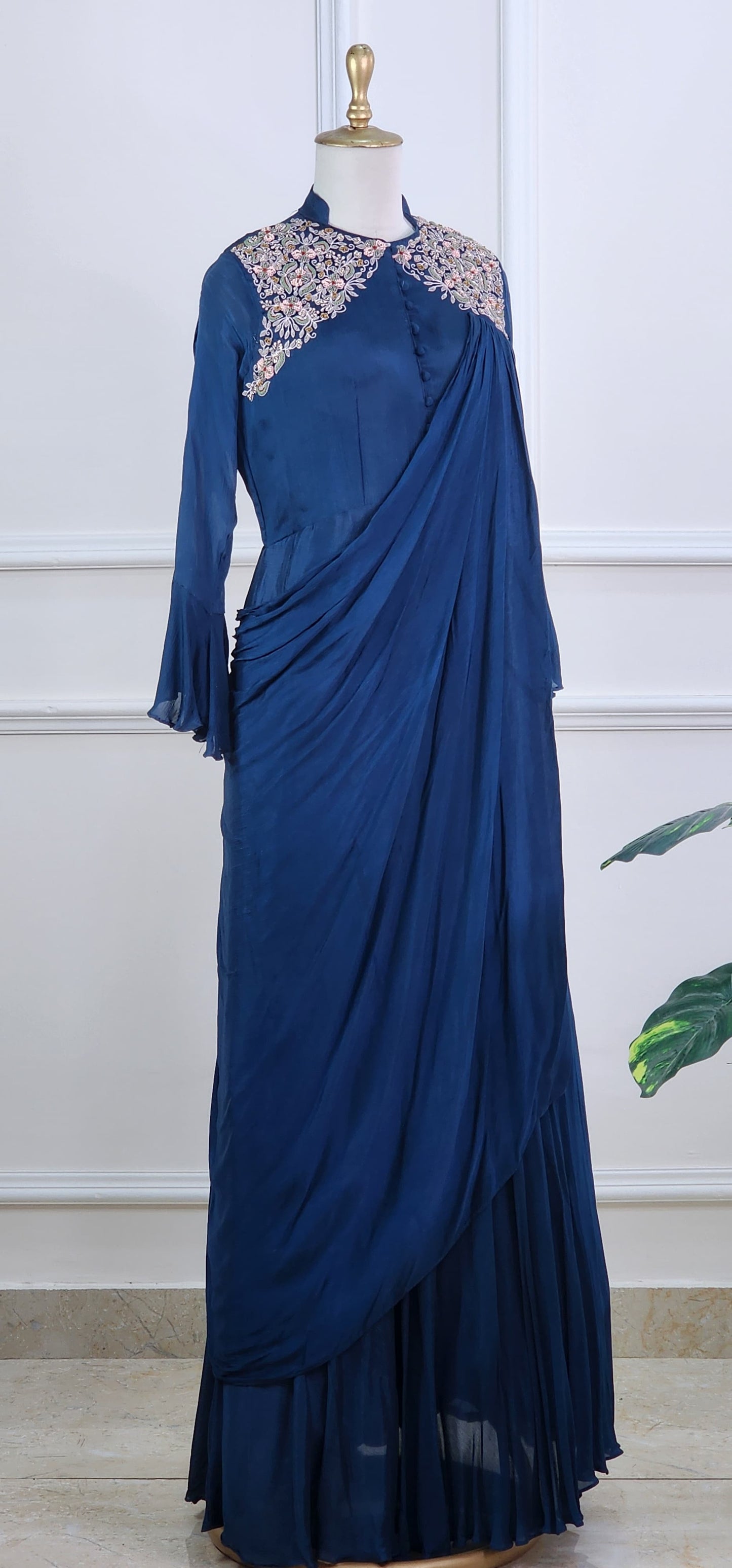 Teal Blue Gown with Attached Drape