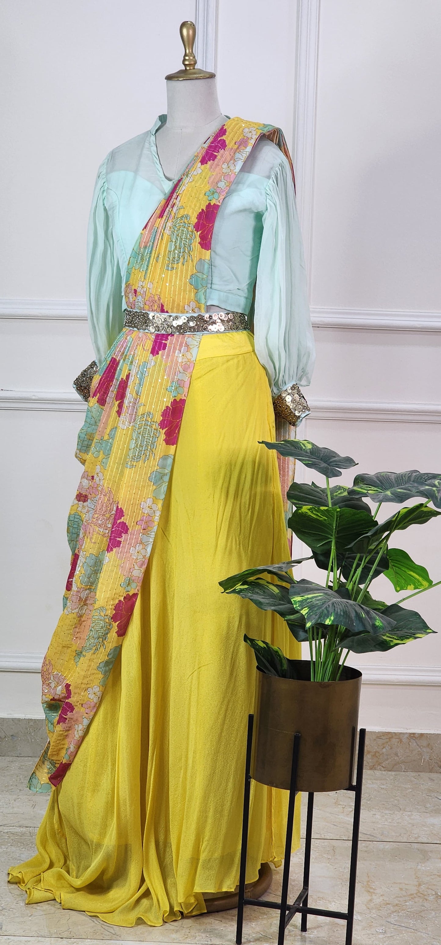 Blue and Yellow Floral Lehenga Set