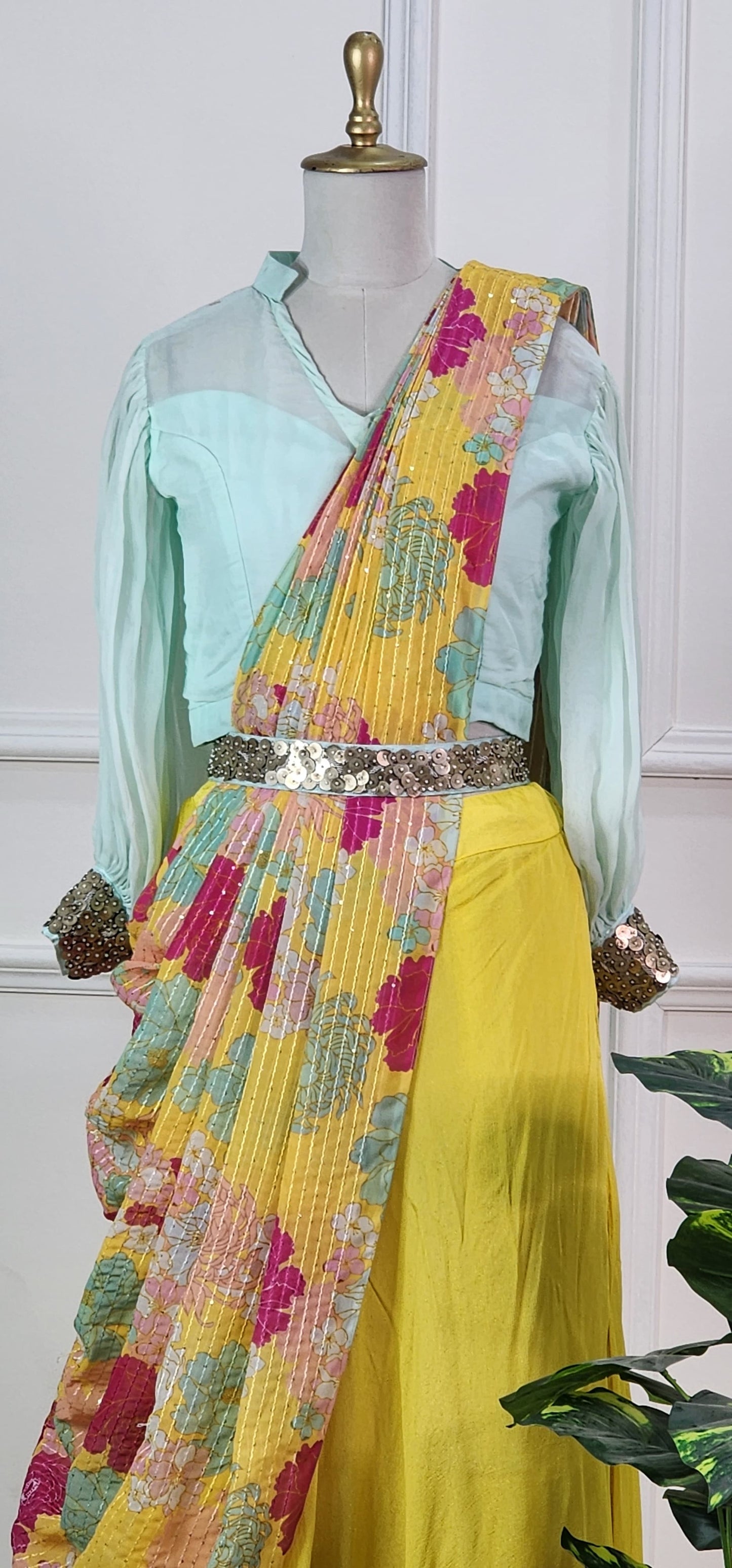 Blue and Yellow Floral Lehenga Set
