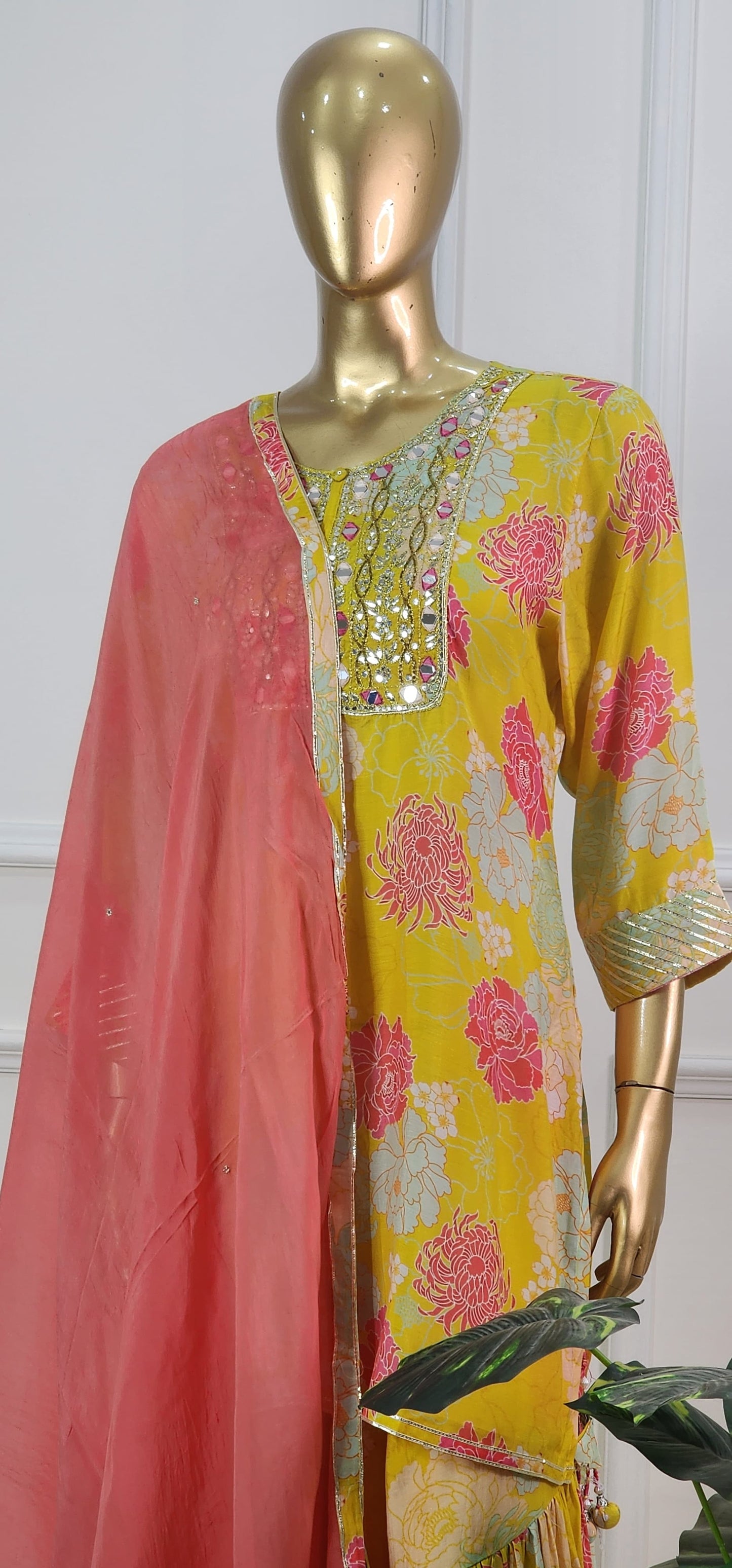 Yellow Floral Muslin Set