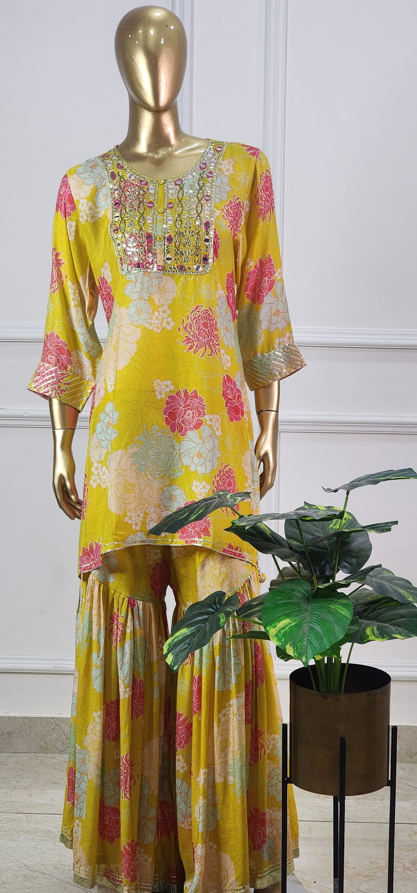 Yellow Floral Muslin Set