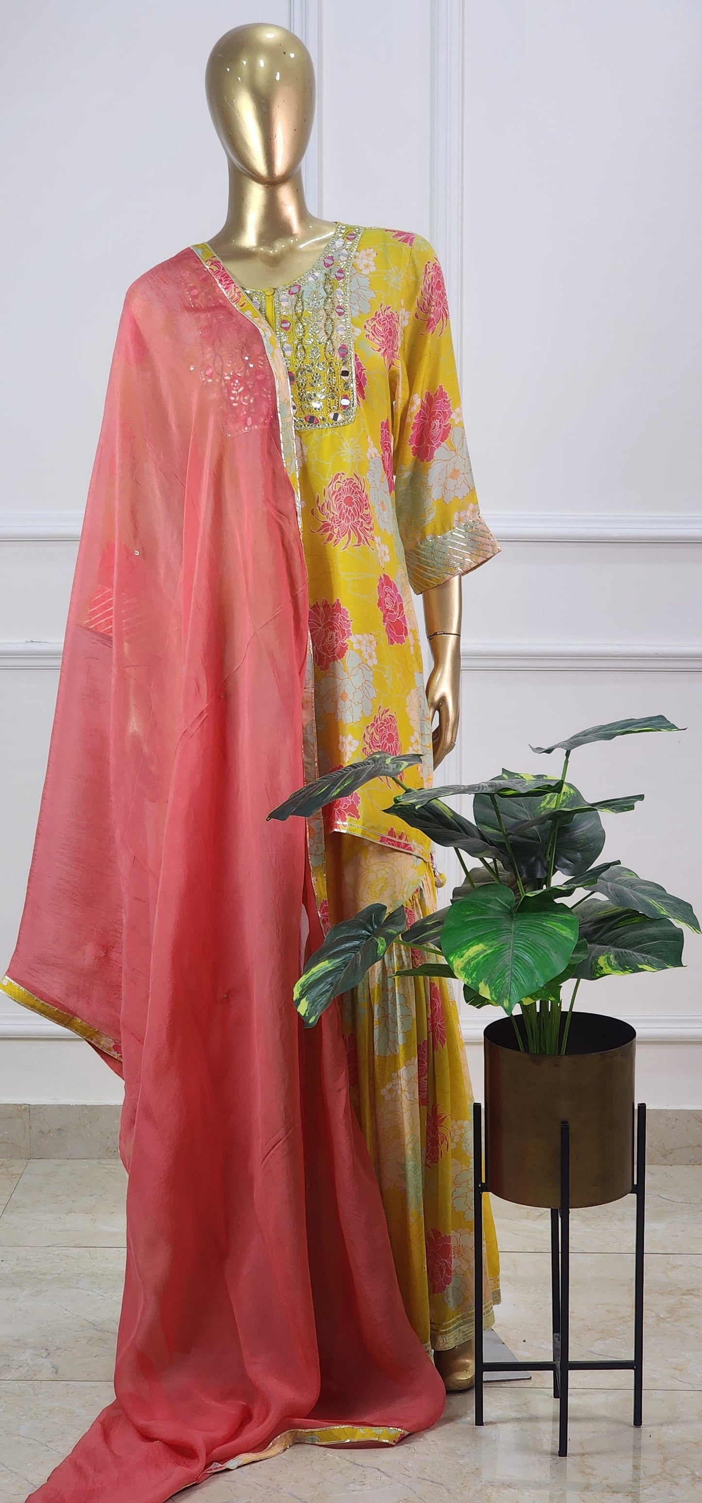 Yellow Floral Muslin Set