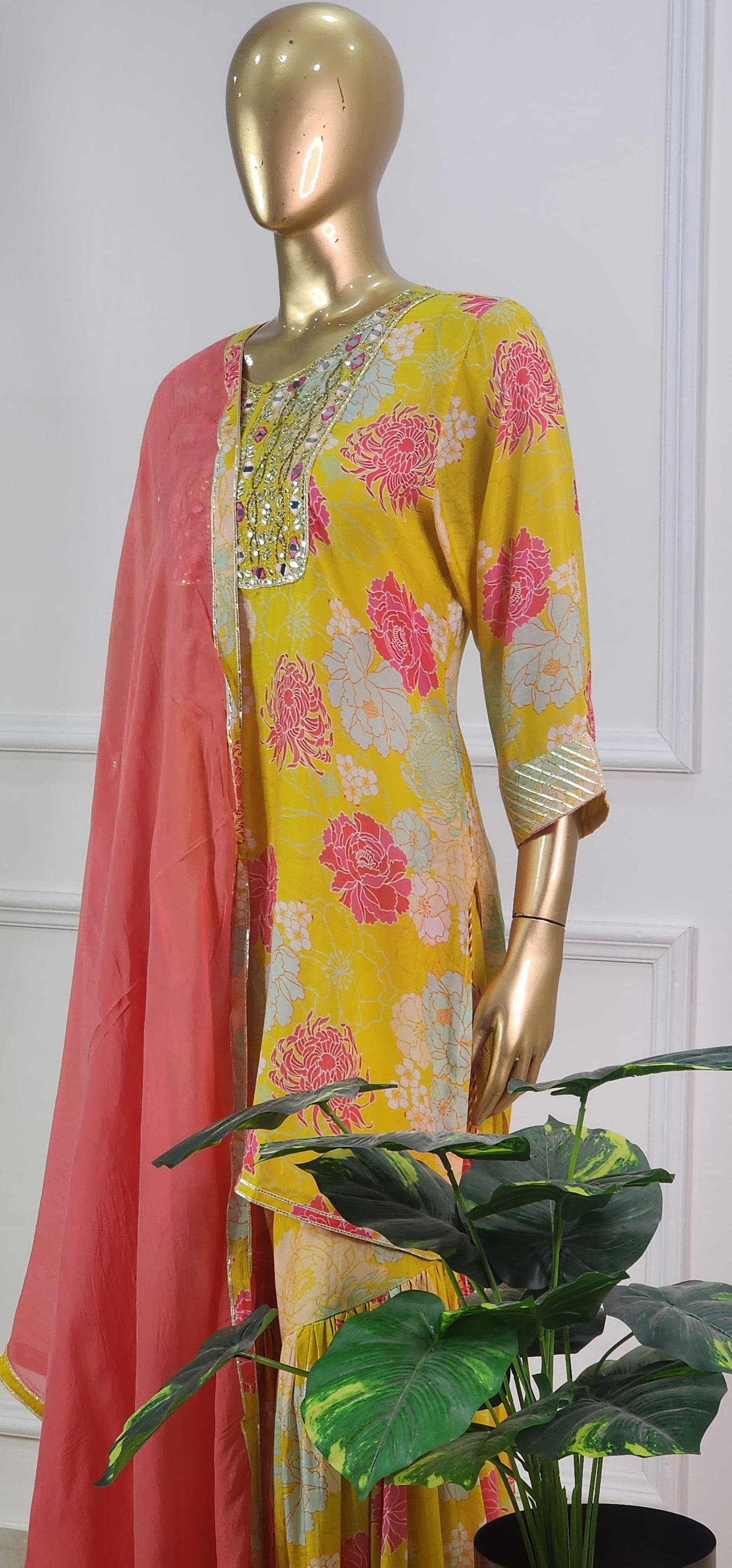 Yellow Floral Muslin Set