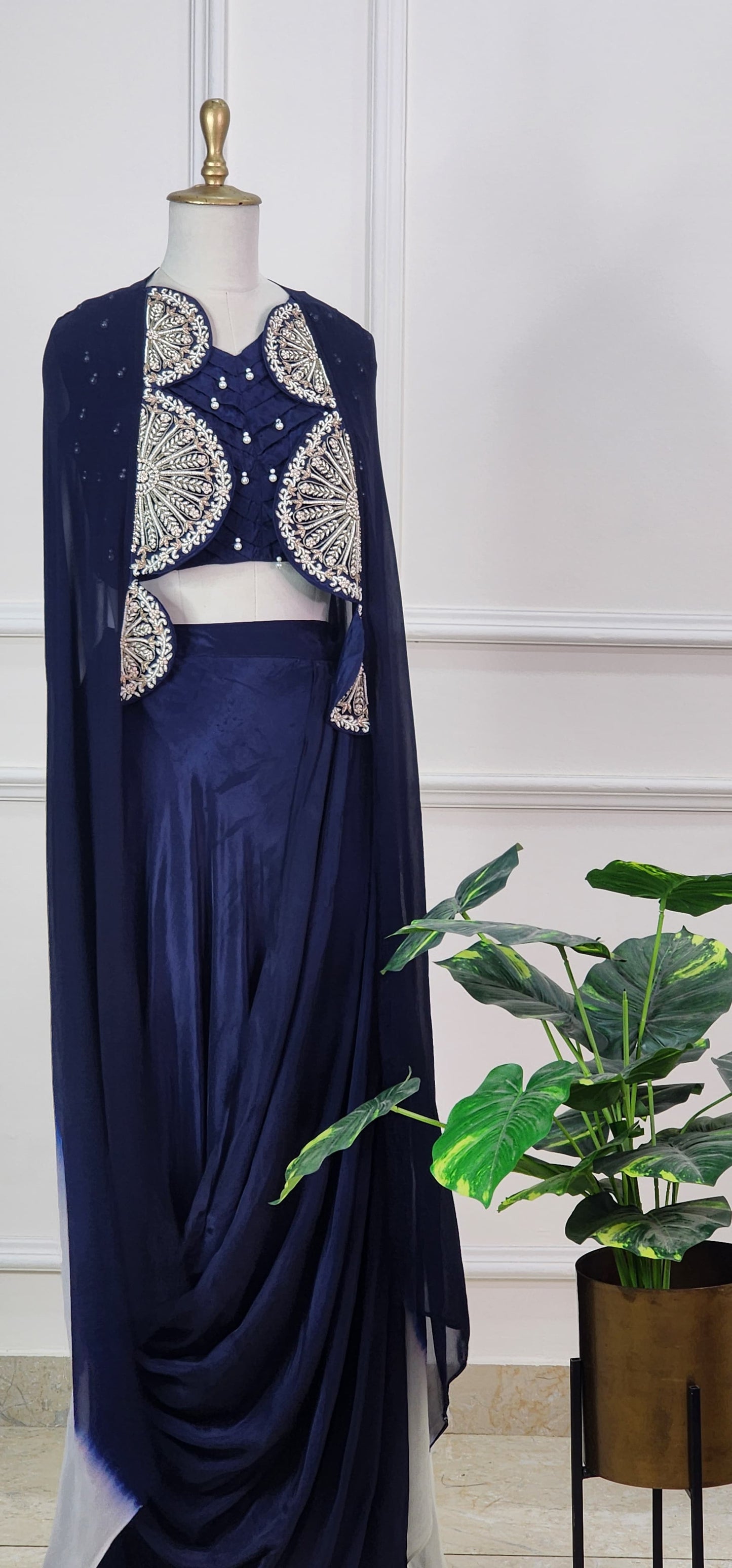 Navy Blue Shaded Cape with Top and Lehenga